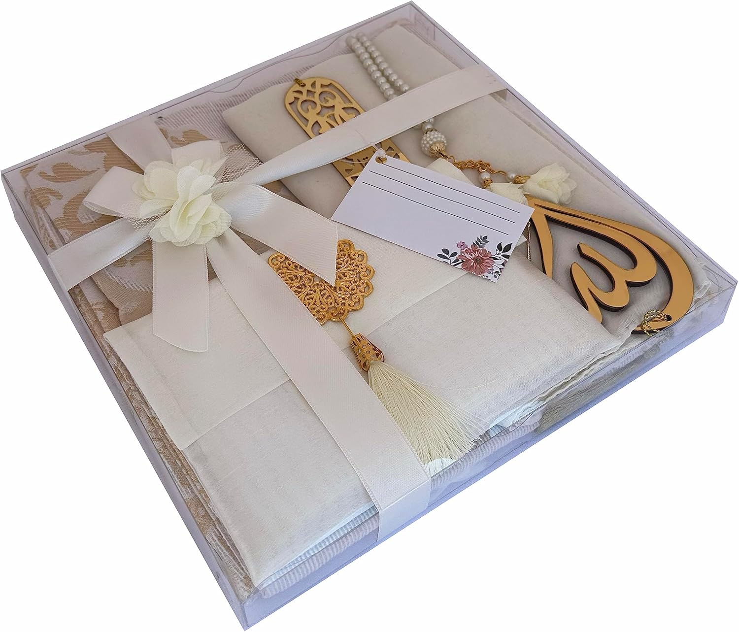SAIKA Muslim Prayer Rug, 7 in One Gift Set, Prayer Mat Surah Book, Tasbeeh, Scarf, Surah Case, Bookmark, Car Mirror Hanger, Prayer Beads,Islamic Gift for Umrah, Hajj, Wedding, Janamaz (Cream)