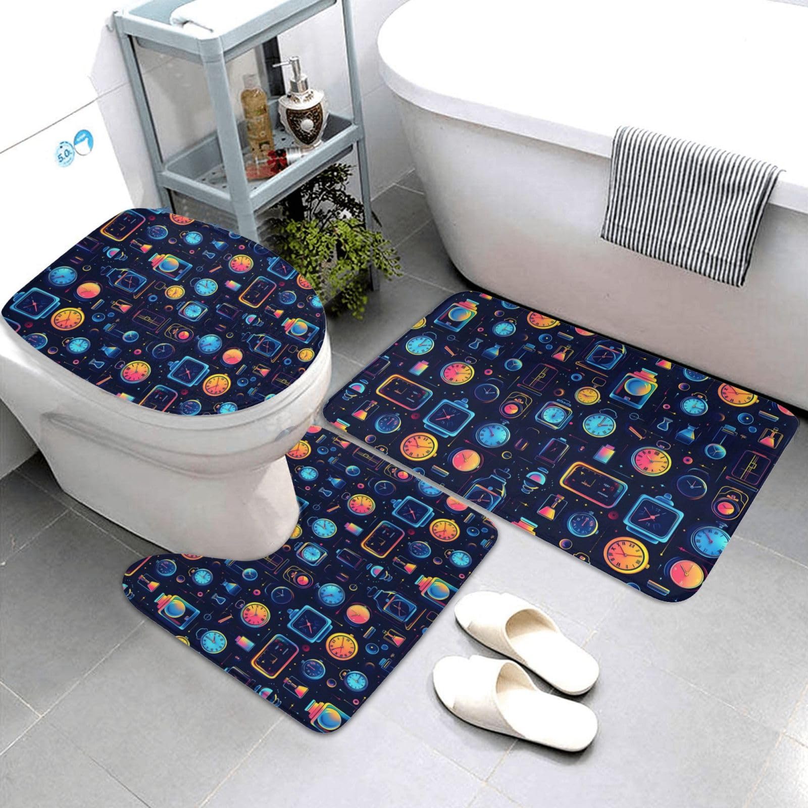Tapis de bain absorbant rétro fluo : ensemble 3 pièces antidérapant et lavable