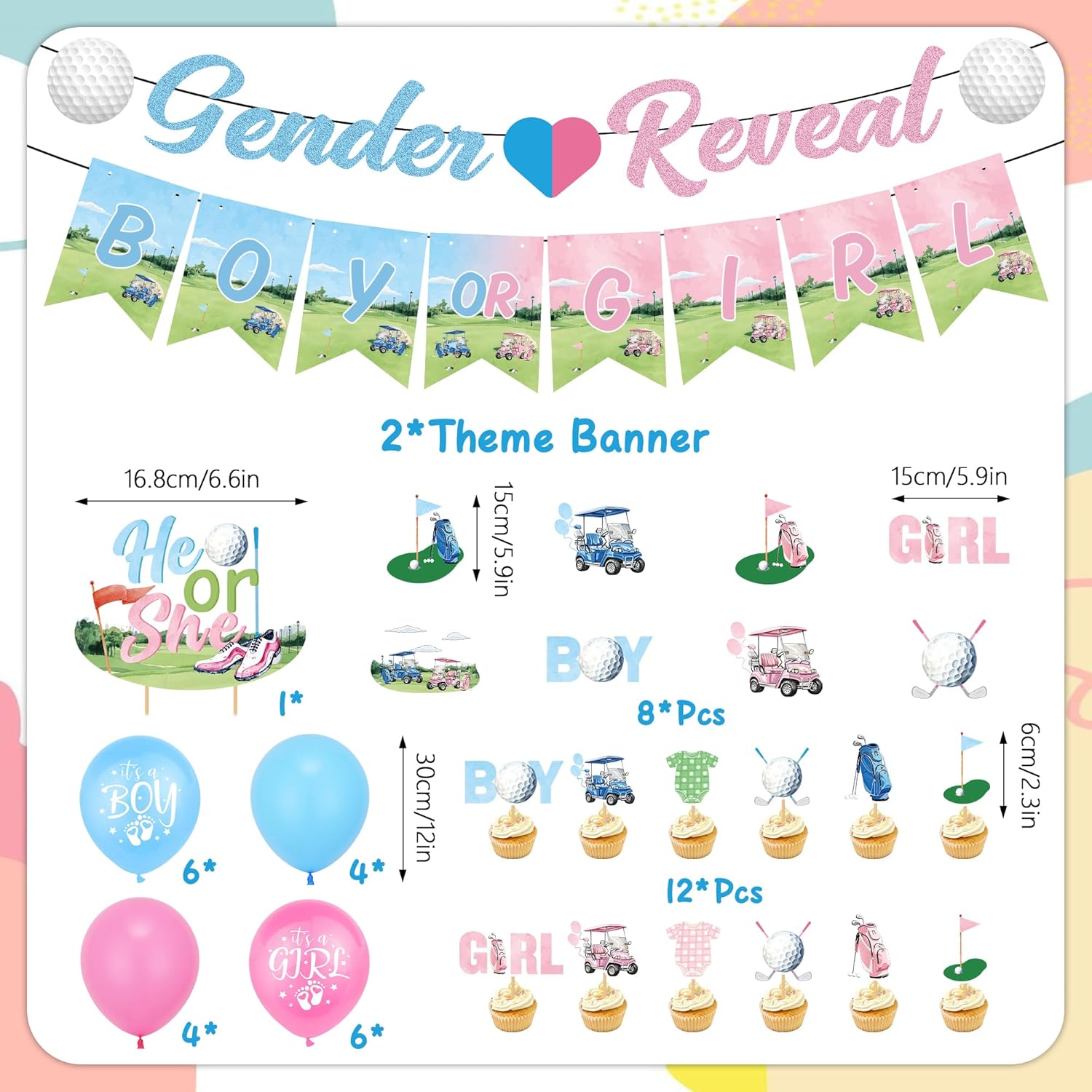 Golf Gender Reveal Decorations Banner - 39 Pcs Blue Pink He Or She Banner Golf Club Ball Balloons Swirls Garland Boy Or Girl Cake Cupcake Toppers For Pregnancy Celebration Newborn Party Supplies