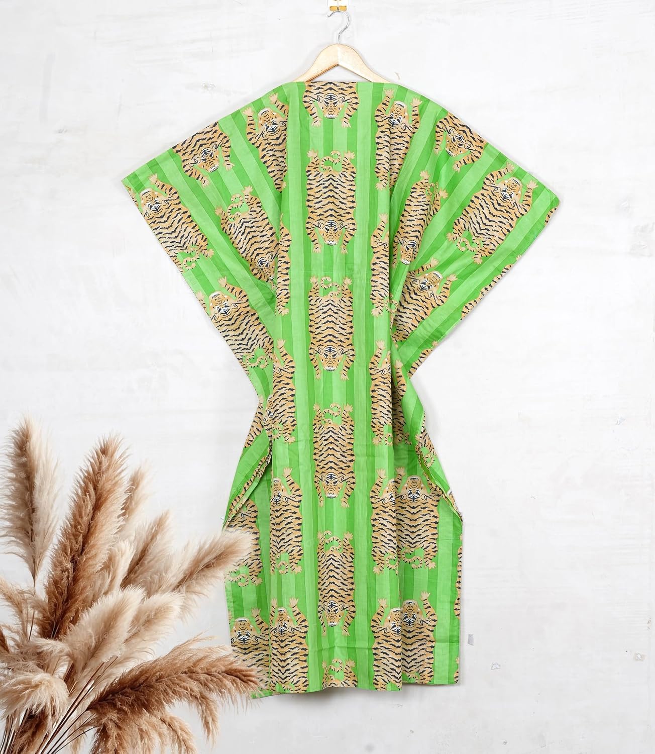 INDACORIFY Tiger Print Kaftan Dress 100% Cotton Printed Long Caftan Maxi Gown Summer Tunic Cotton Night Bikini Coverup