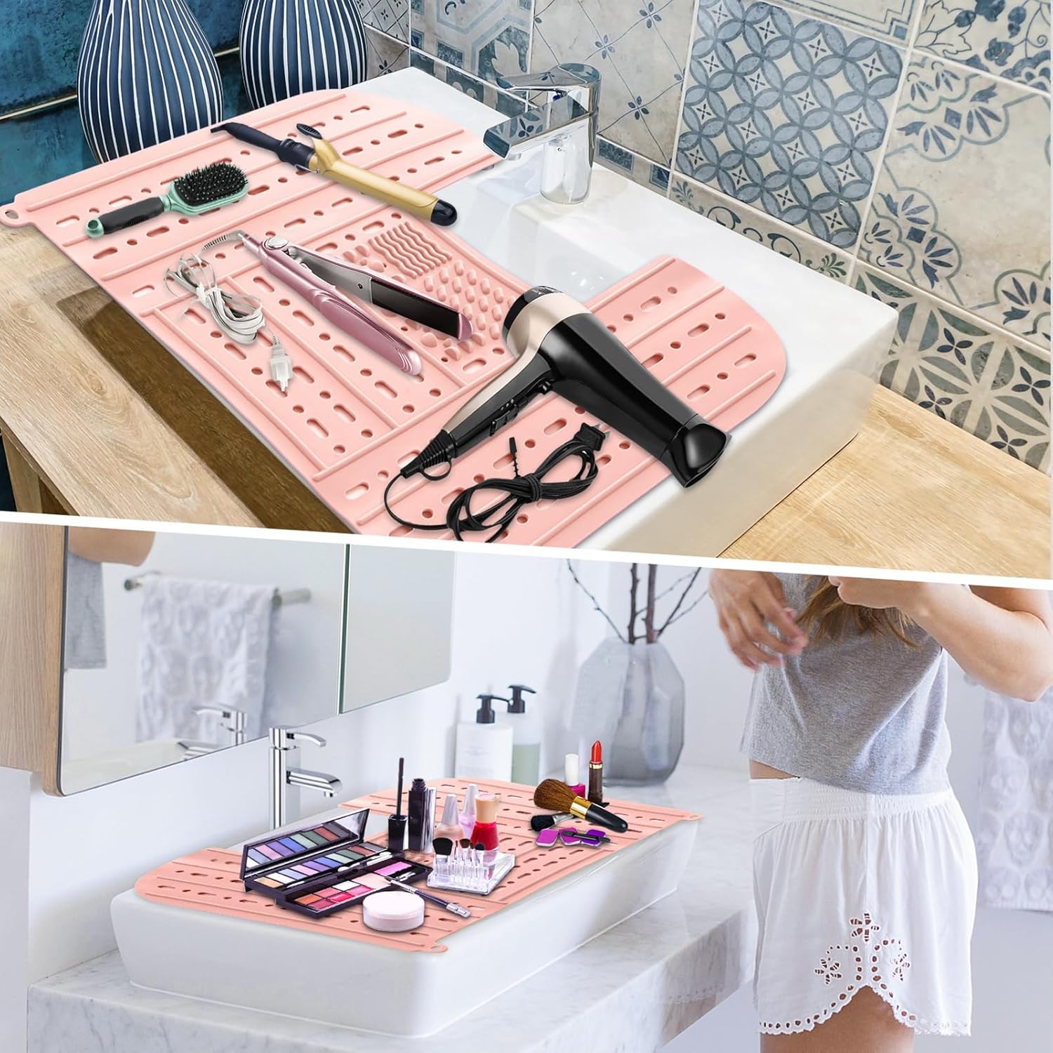 Brrnoo Foldable Silicone Sink Cover and Makeup Brush Cleaning Mat, Space Saving Bathroom Organizer, Topper for Sink, Makeup Tools, Countertop Accessories (Light Pink)