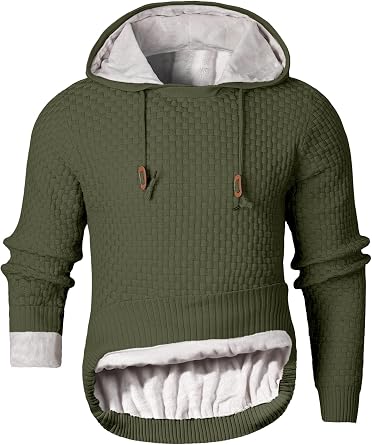 Zaitun Mens Short Plush Lined Hooded Sweater Crystal Velvet Fleece Lined Winter Warm Sweatshirt Knitted Hoodie Pullover