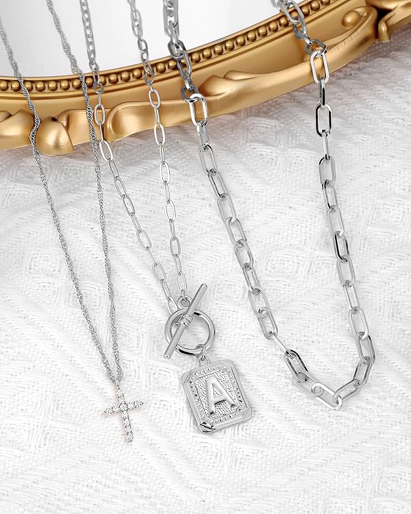 MJartoria Layered Initial Necklaces for Women Trendy, 14K Gold Plated Brass Simple Cross Choker Square Letter Pendant Necklace, Paperclip Chain Necklaces Jewelry (A., Silvery) by MJartoria - Used condition - Image 4