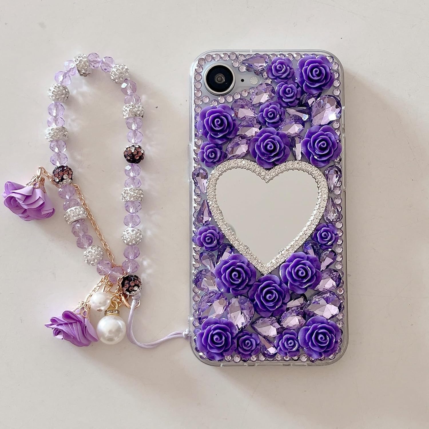 for iPhone 16e Glitter Bling Case,Cute 3D Sparkle Heart Makeup Mirror Crystal Rhinestone Flowers Diamond Gems Pearl with Lanyard Wrist Strap Women Girls Case for iPhone 16e 6.1" 2025 (Purple) - Image 3