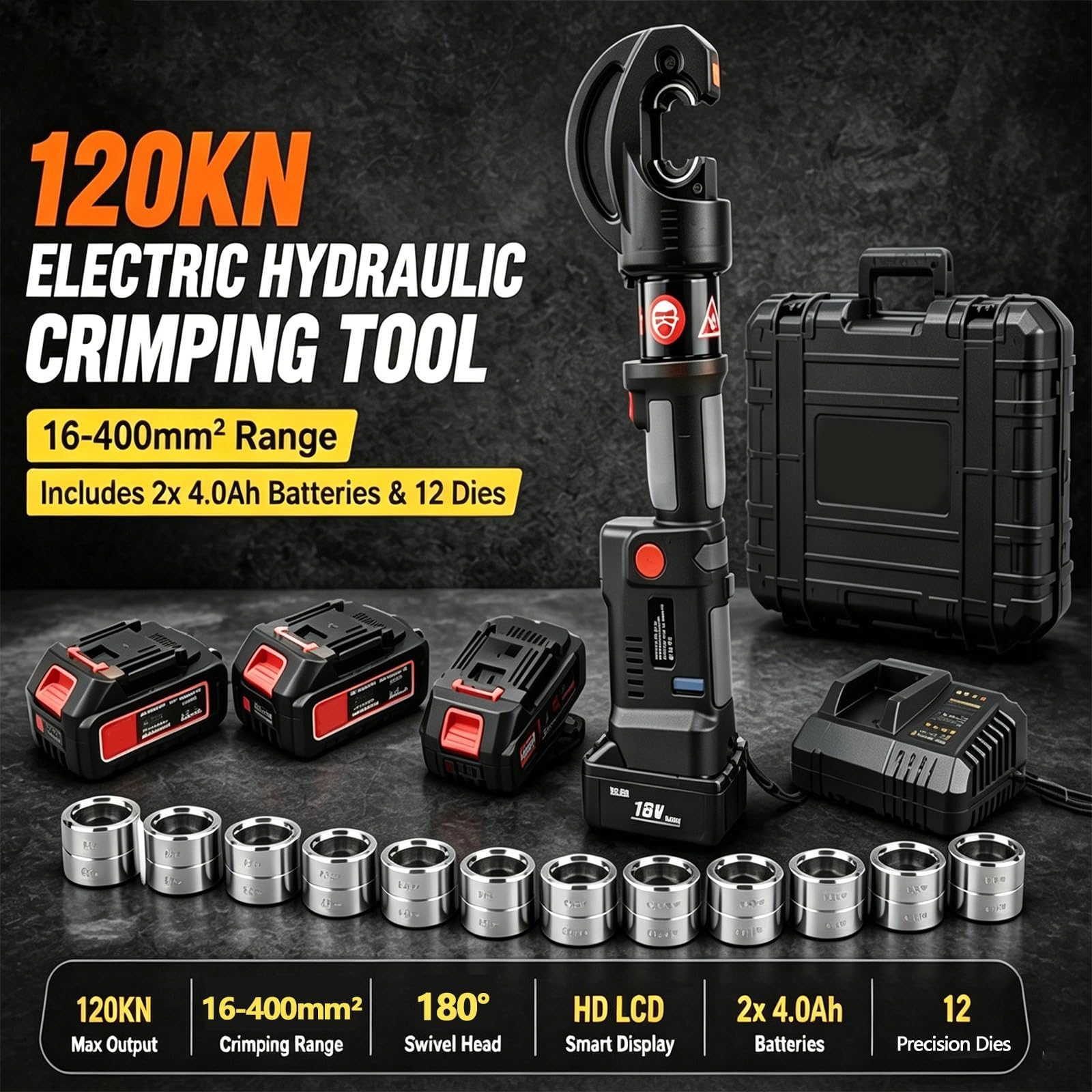 Akumulatorowa Praska Hydrauliczna do Kabli 12 Ton, Zaciskarka Elektryczna 18V Końcówek 16-400mm², Narzędzie do Rur Miedzianych z Ruchomą Głowicą i Dwoma Akumulatorami