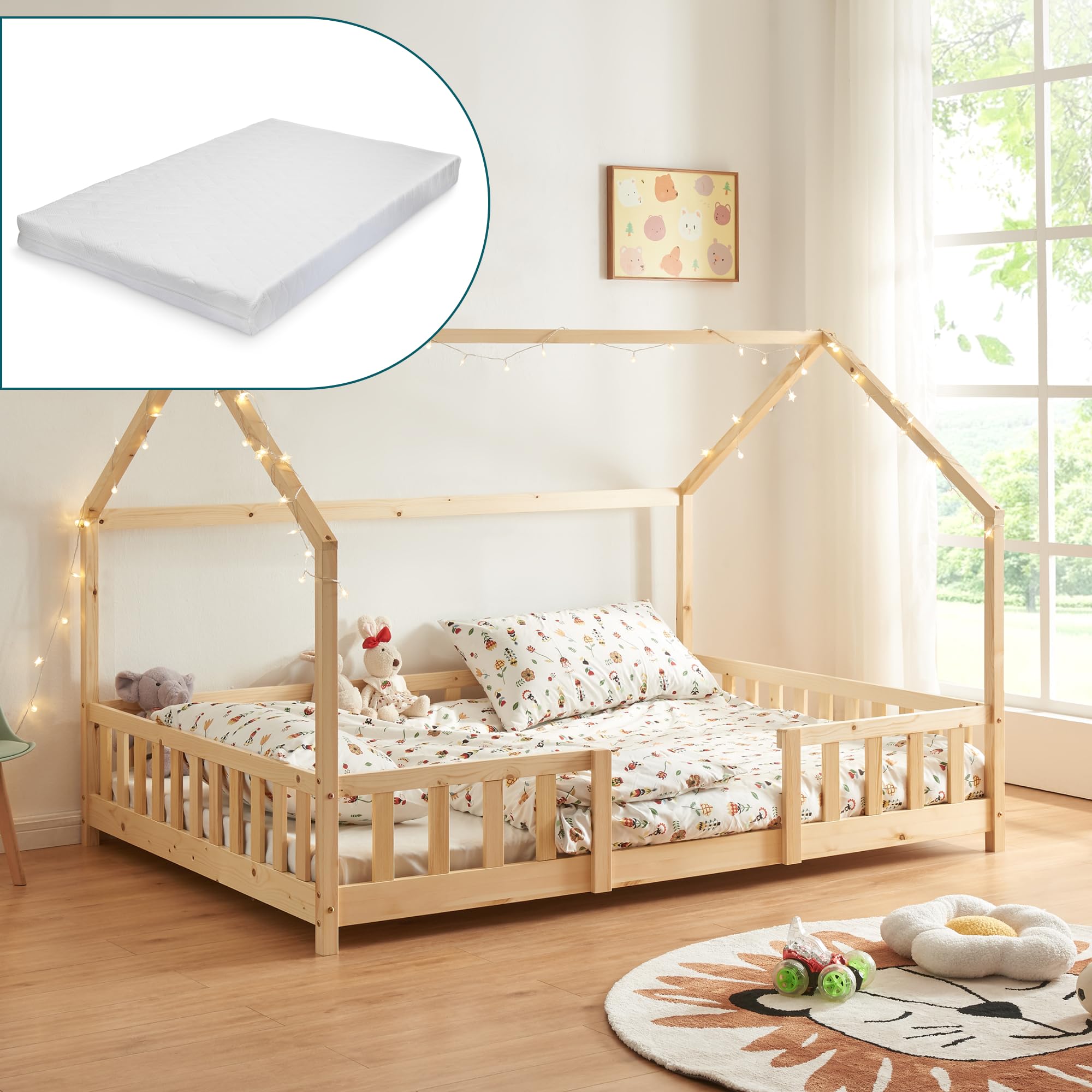 [en.casa] Kinderbett Sisimiut mit Matratze 120 x 200 cm Hausbett Montessori mit Rausfallschutz Holzbett für Kinder Bodenbett Lattenrost Kiefernholz Holzfarben