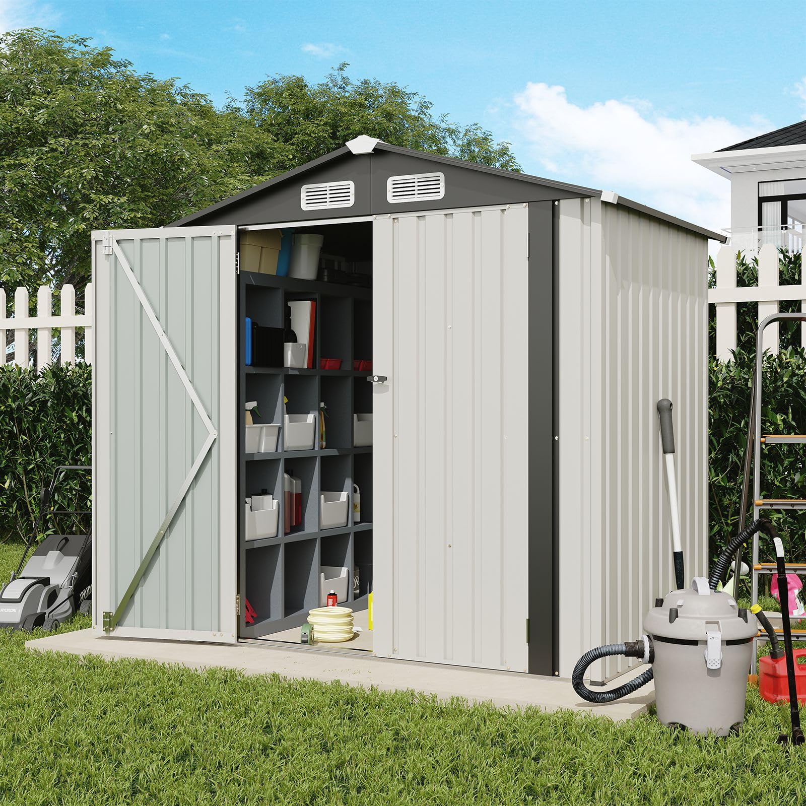 Verano Garden 6x4 FT Outdoor Storage Shed, Galvanized Steel Metal Garden Shed, Double Door W/Lock, Outdoor Storage Tool House for Backyard, Patio, Lawn