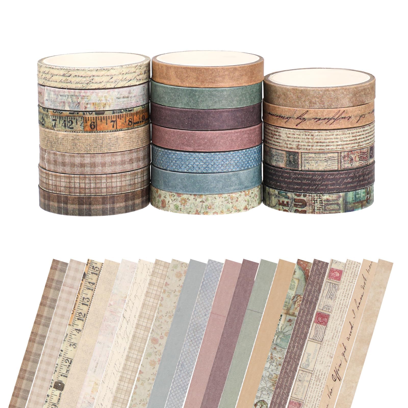 Azonee 20 Rolls Vintage Washi Tape Set - 9.8ft Long/Roll, Neutral Kraft Color Adhesive Masking Tape for Scrapbooking, Planners, Bullet Journaling, DIY Crafts, and Gift Wrapping