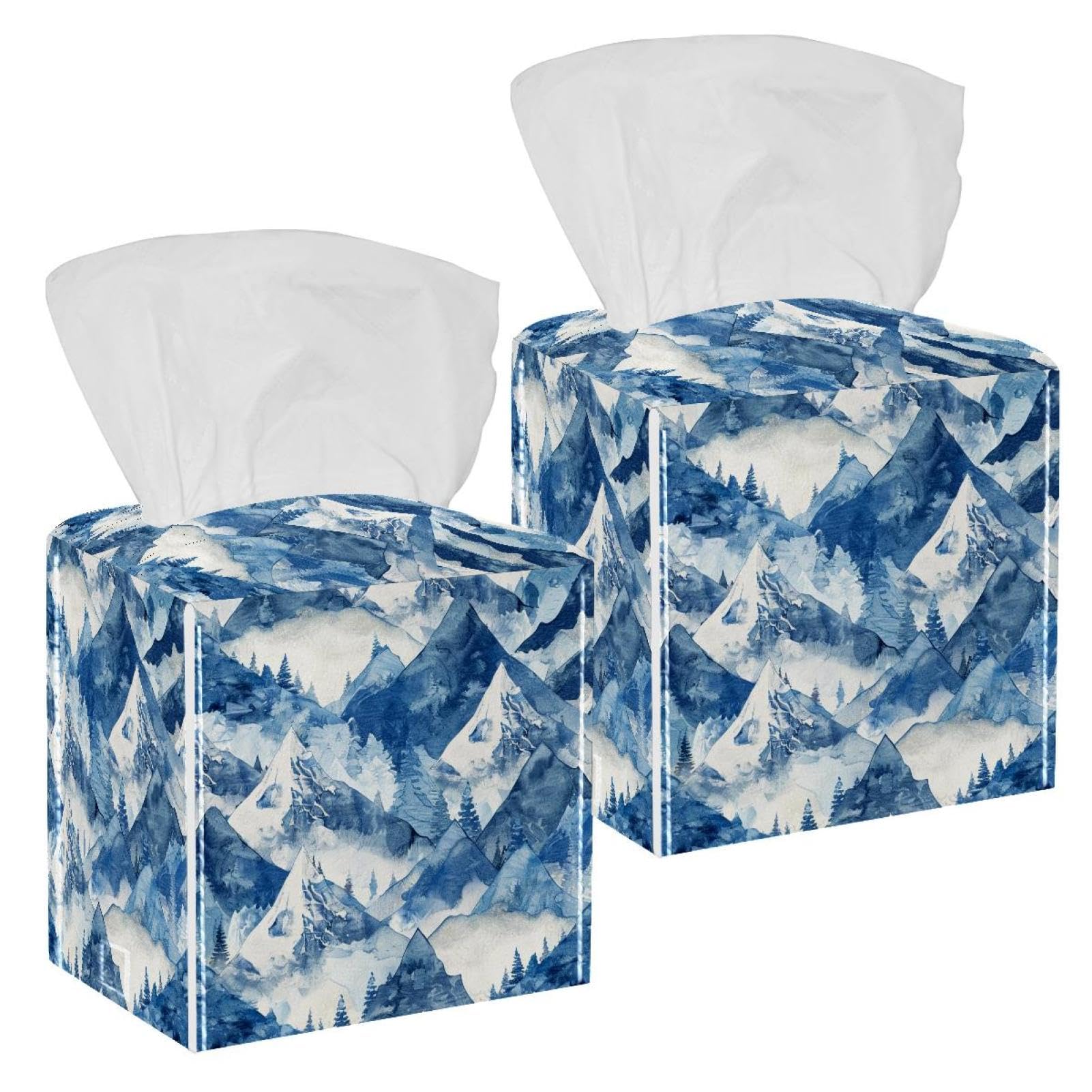 Snow Mountain Forest Tissue Box Cover, 2 Pack PU Leather Square Facial Tissue Dispenser Box holder for Home Office Car