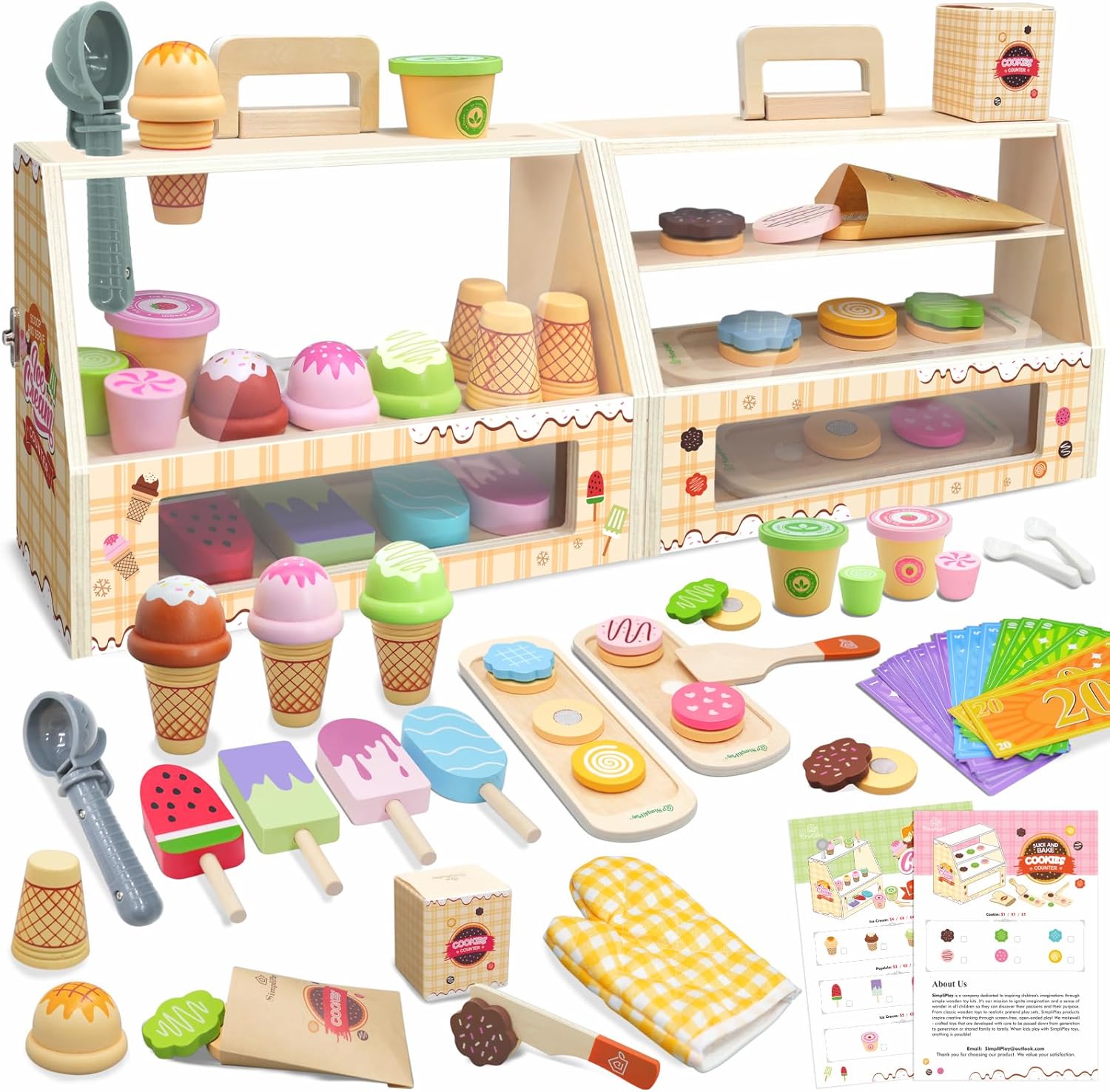 SIMPLIPLAY 2 in 1 Portable Wooden Ice Cream Toy & Cookie Play Set (63pcs), Slice and Bake Cookies, Scoop and Serve Ice Cream Counter with Pretend Play Food, Play Kitchen Accessories, Kids Gift Ages 3+
