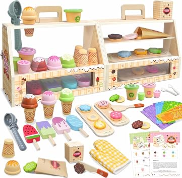SIMPLIPLAY 2 in 1 Portable Wooden Ice Cream Toy & Cookie Play Set 63pcs, Slice and Bake Cookies, Scoop and Serve Ice Cream Counter with Pretend Play Food, Play Kitchen Accessories, Kids Gift Ages 3+