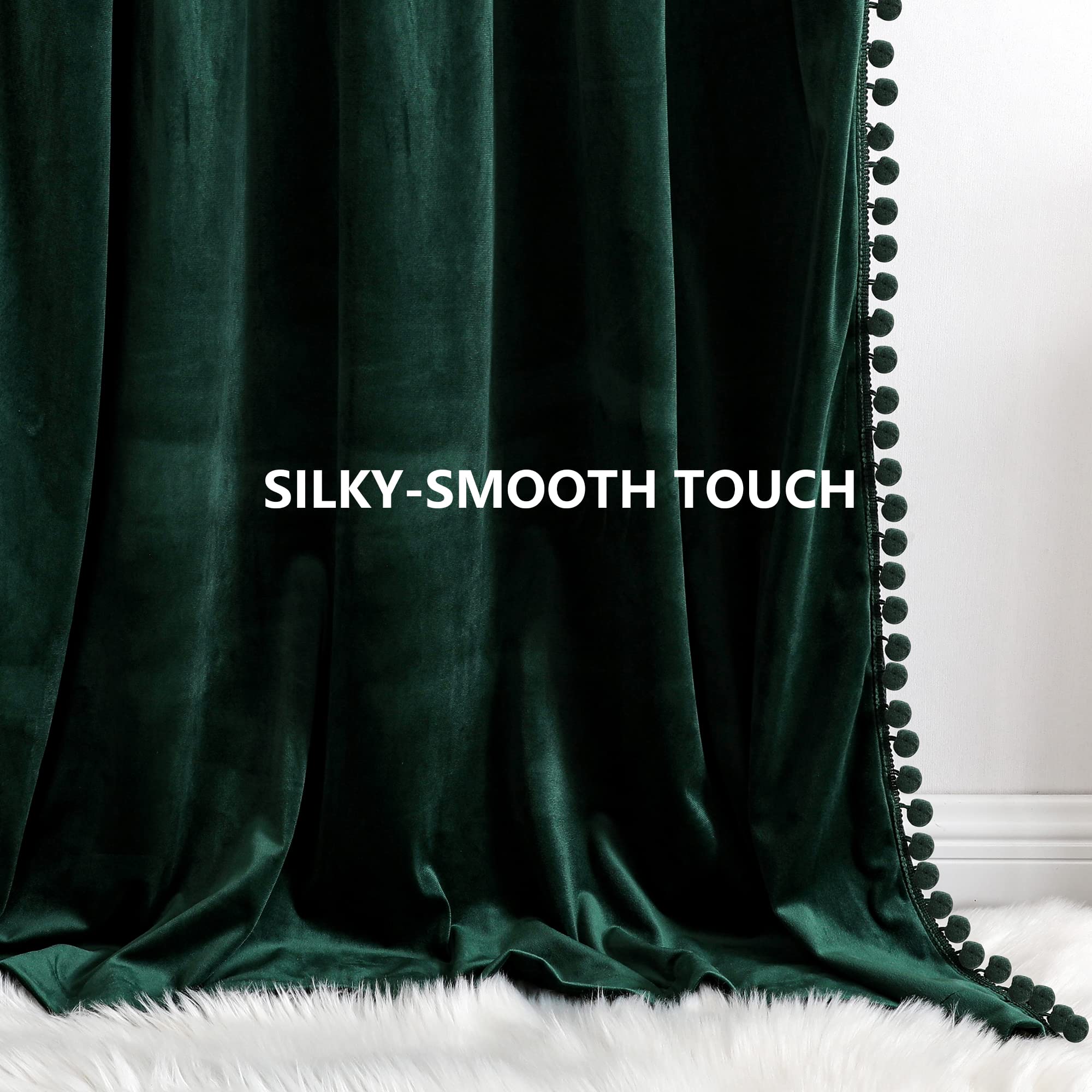 Benedeco Green Velvet Curtains for Bedroom Window with Pom Pom, Super Soft Luxury Drapes, Room Darkening Thermal Insulated Rod Pocket Curtain for Living Room, W52 by L108 inches, 2 Panels