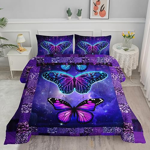 Axolotl Juego de edredón de mariposa azul, tamaño Queen, hermosas mariposas, galaxia, juego de edredón de cuadrícula, ropa de cama romántica para