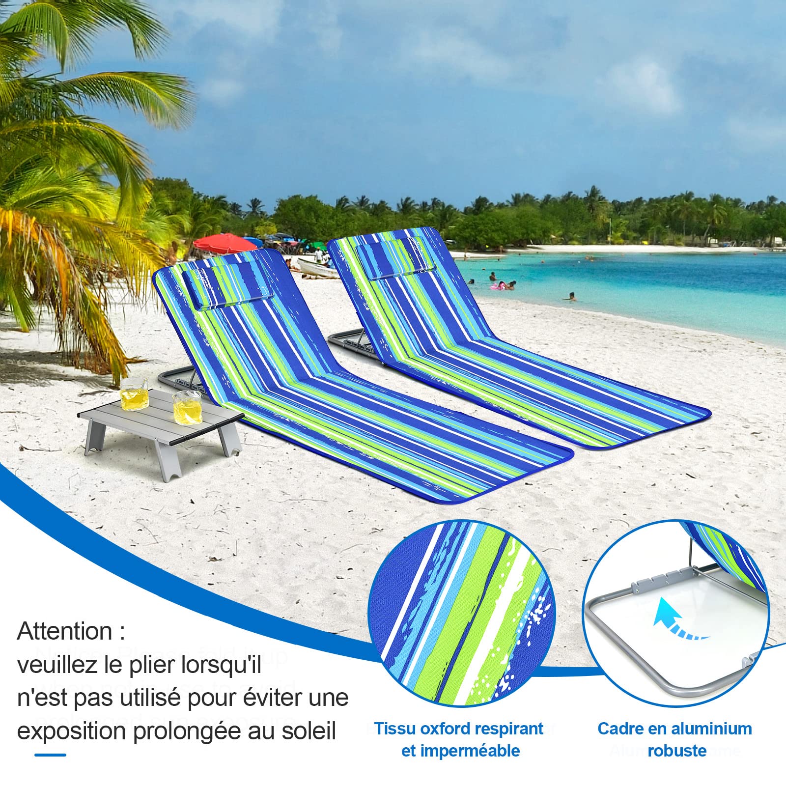 GOPLUS - Colchón de playa ajustable de 5 posiciones con mesa baja, 2 alfombrillas de playa con reposacabezas, mesa auxiliar portátil, diseño plegable, ideal para patio, piscina, terraza (azul verde)