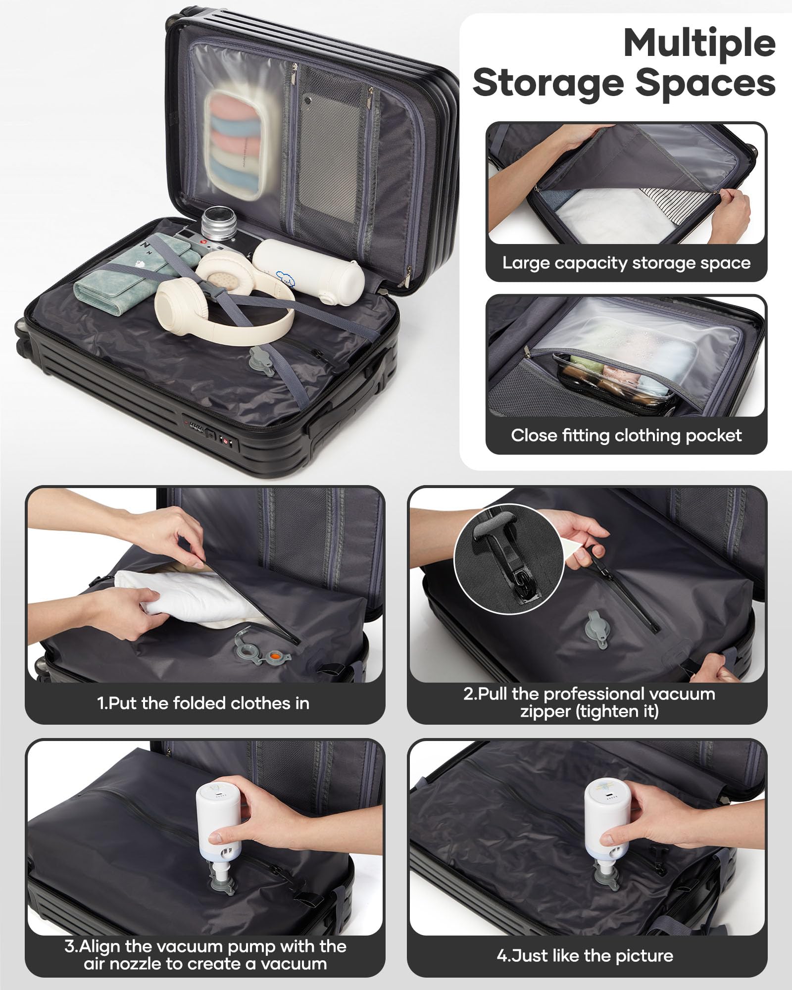Valigia Sottovuoto,Trolley Bagaglio a Mano 55x40x20 Ryanair Easyjet,Con Sistema di Compressione a Vuoto Con Pompa,con 4 Ruote Rotanti e Lucchetto TSA e Borsa da Viaggio,Set Valigie,Nero
