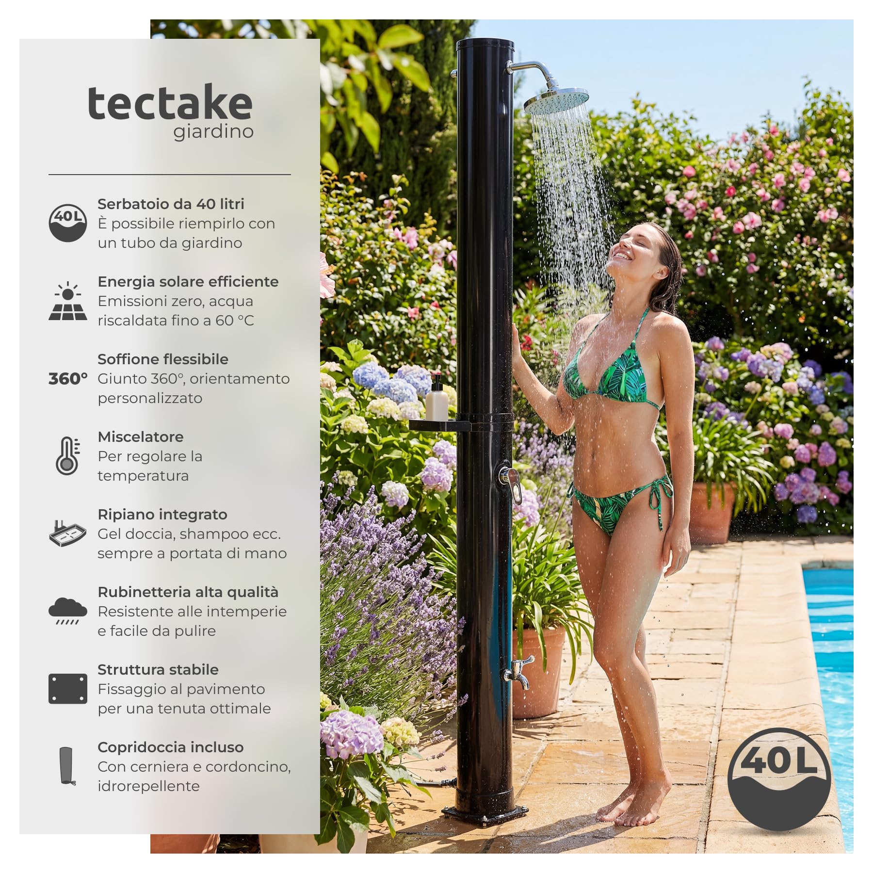 tectake® Doccia Solare da Giardino 40 Litri, Soffione Doccia Orientabile 360°, Accessori Giardino Esterno Campeggio Piscina, con Cover Protettiva, Portasapone, Rubinetto, Attacco Acqua - Nero