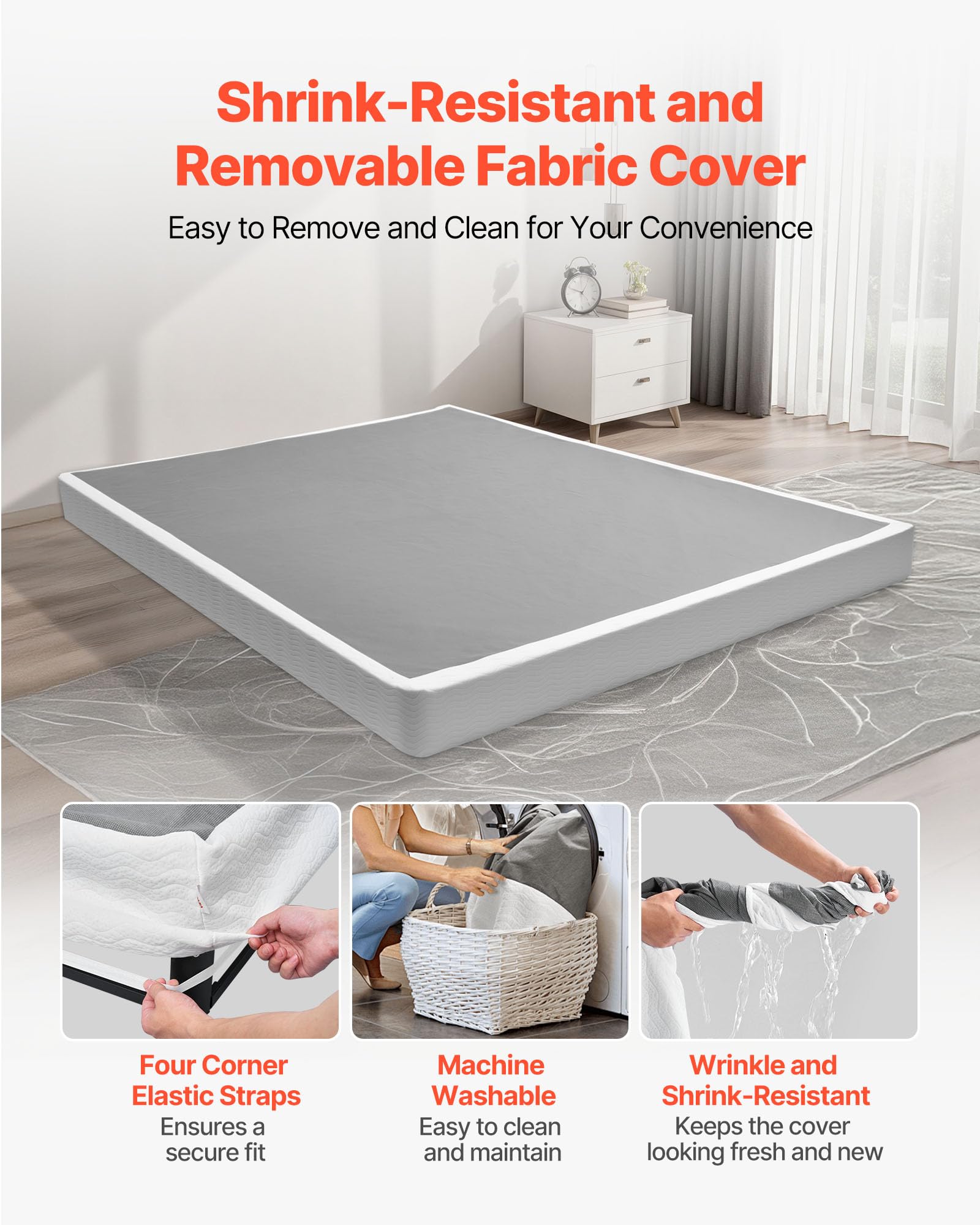 VEVOR Boxspringbettgestell (Queen-Size) mit Waschbarem Stoffbezug, Metallrahmen (2010 x 1515 x 130 mm) für Queensize-Betten, 13 cm Matratzenauflage, Max. Belastbarkeit 1587,57 kg, Matratzenfundament