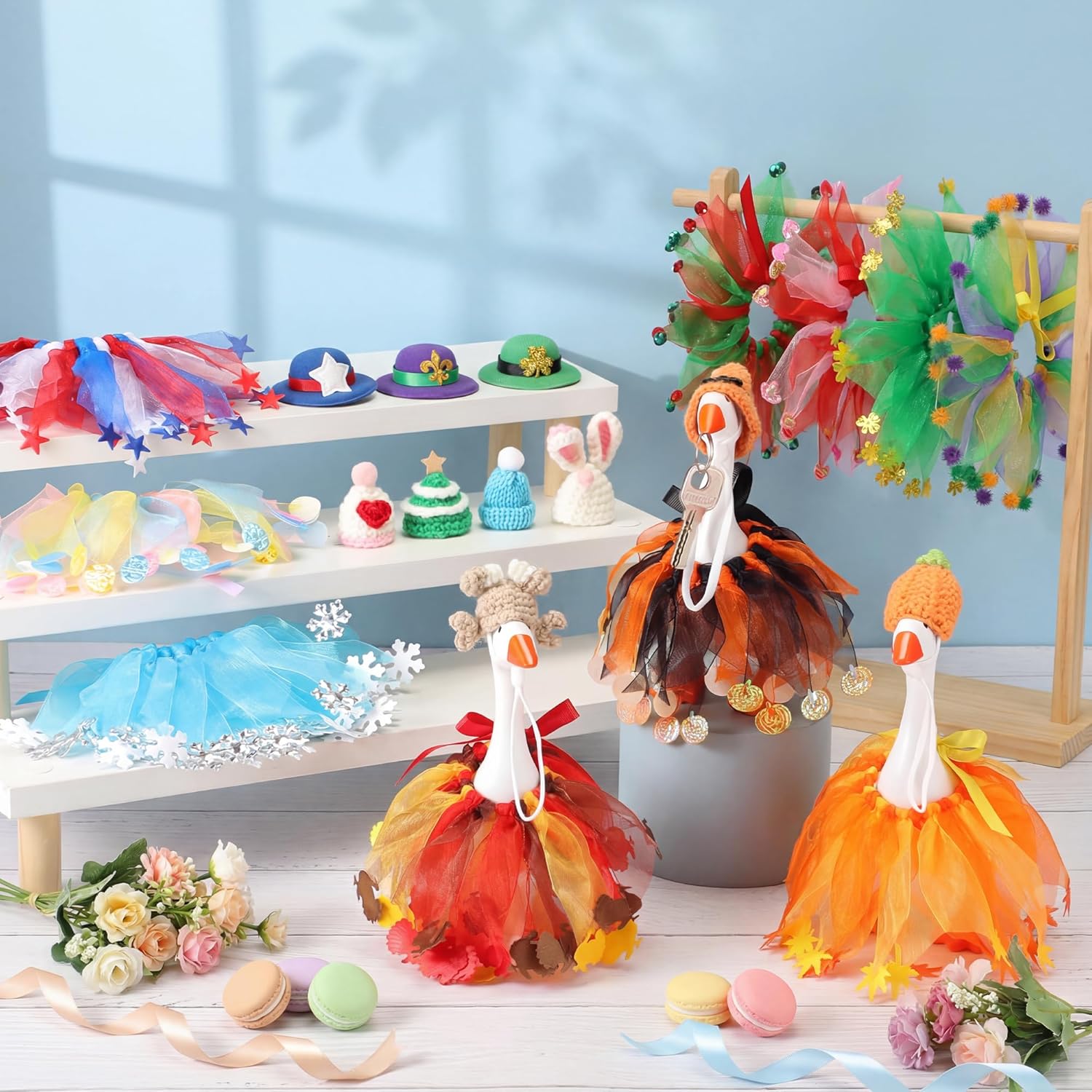 Weysat 10 Set Easter Mini Desk Goose Outfit Holiday Bundle Spring Summer Mexican 4th for July Magnetic Geese Statue Felt Fabric Costume for 7 Inch Desktop Goose Table Decor Gifts(Tutu Style,Crochet)