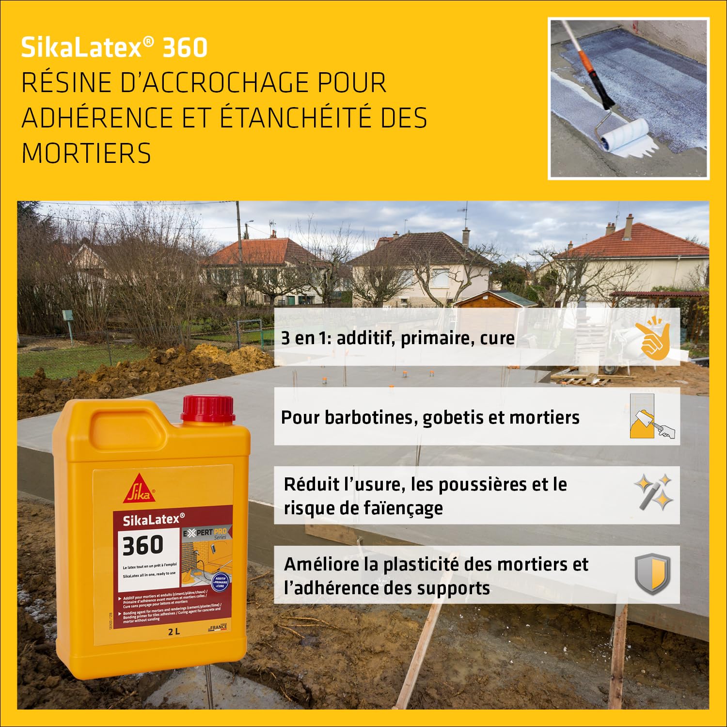 SIKA - Primaire d'adhérence et produit de cure - SikaLatex 360 - Résine d'accrochage pour adhérence et étanchéité des mortiers et enduits (ciment/plâtre/chaux)- Prêt à l'emploi - 2L