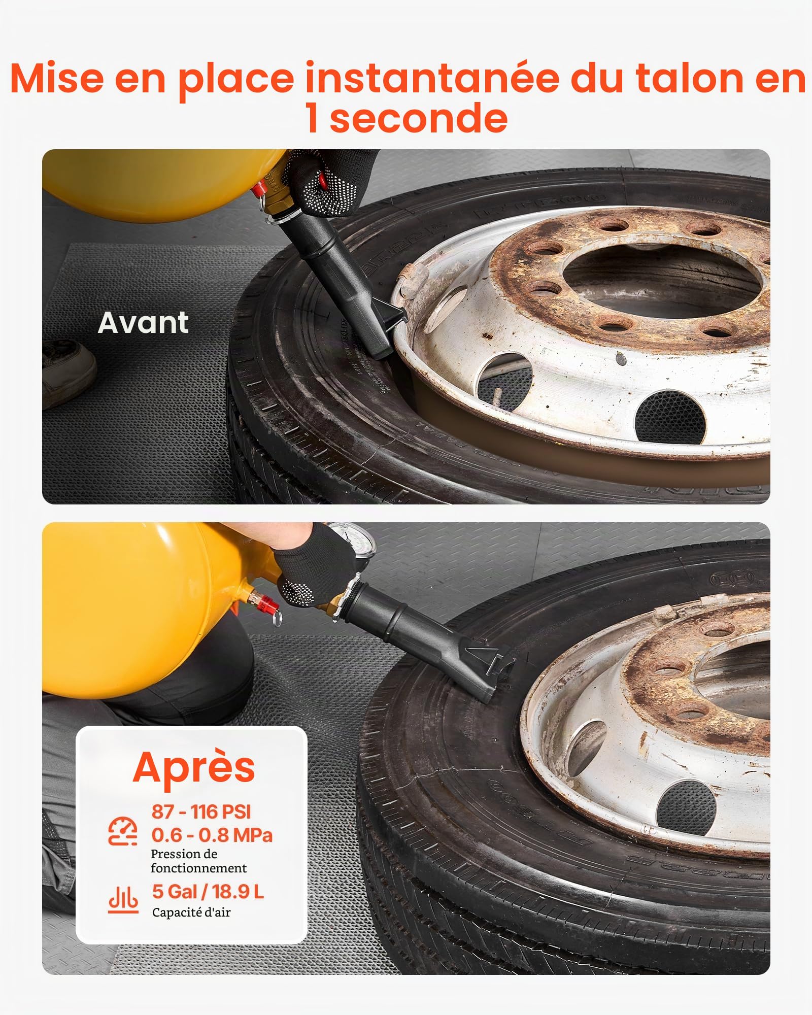 VEVOR Canon à Air 18,9 L, Booster de Pneu avec Pression de Service 0,6-0,8 MPa, Gonfleur Pneumatique de Pneu pour Pick-up, Camion, VTT, Jeep, Fourgonnette, Tracteur Tondeuse, Camping-Car, Jaune