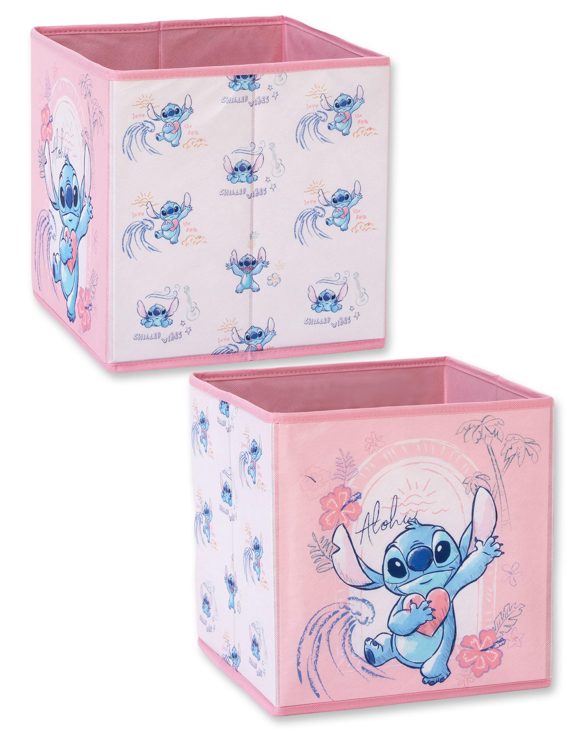 Disney Stitch Pink Set of 2 Foldable Fabric Storage Cubes | Aloha Character Print Toy Box | Kids Bedroom Organiser Bin Basket | Childrens Kallax Compatible Room Tidy Merch