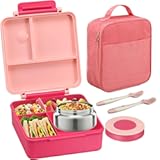 Bento Lunch Box for Kids with 8oz Soup Thermo&Lunch Bag&comma; Leak-Proof Lunch Food Containers with 4 Compartment&comma; Hot Food Insulated Food Jar for Kids School &lpar;Pink&rpar;
