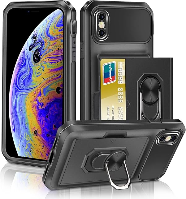 Vunake for iPhone Xs Max Case with Card Holder Xs Max Phone Case Credit Wallet Case with Ring Kickstand Heavy Duty Hard PC TPU Bumper Cover Armor Shockproof Protective Case for iPhone Xs Max,Black
