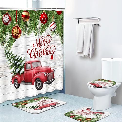 Juego de cortinas de ducha de 4 piezas, camión de árbol vintage rojo navideño con alfombras antideslizantes, cubierta para tapa de inodoro y tapete