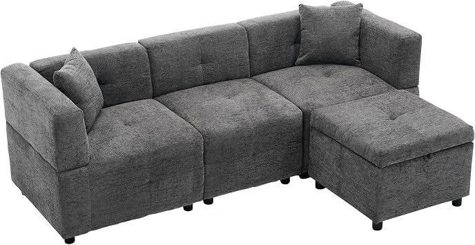 Fabric Sectional Sofa with Ottoman, L-shaped Sofa Couch Reversible 3-Seater Chaise Lounge Living Room Home Office Furniture Grey