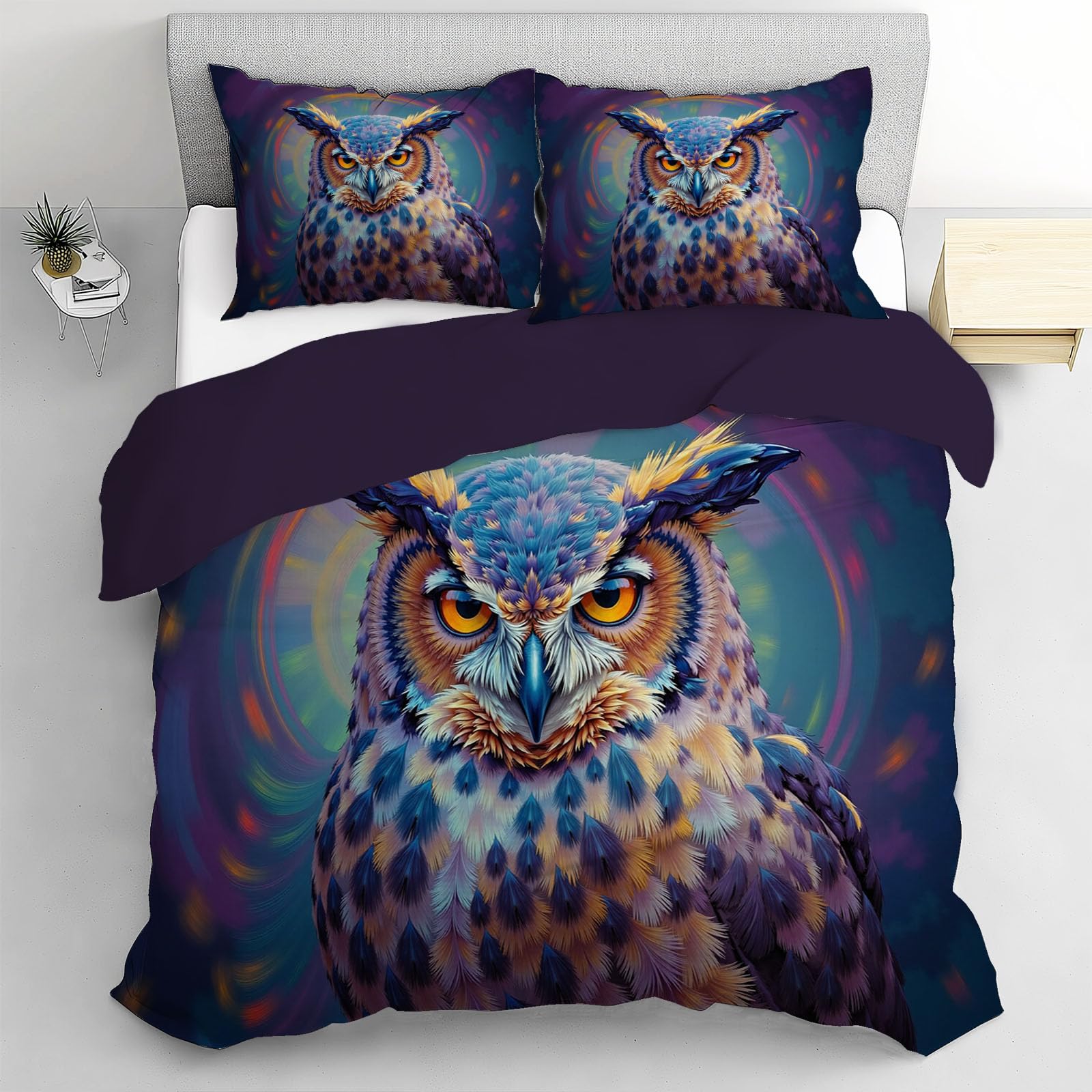 Housse de couette 140x200 bleu foncé avec 2 taies d'oreiller 65x65 cm hiboux