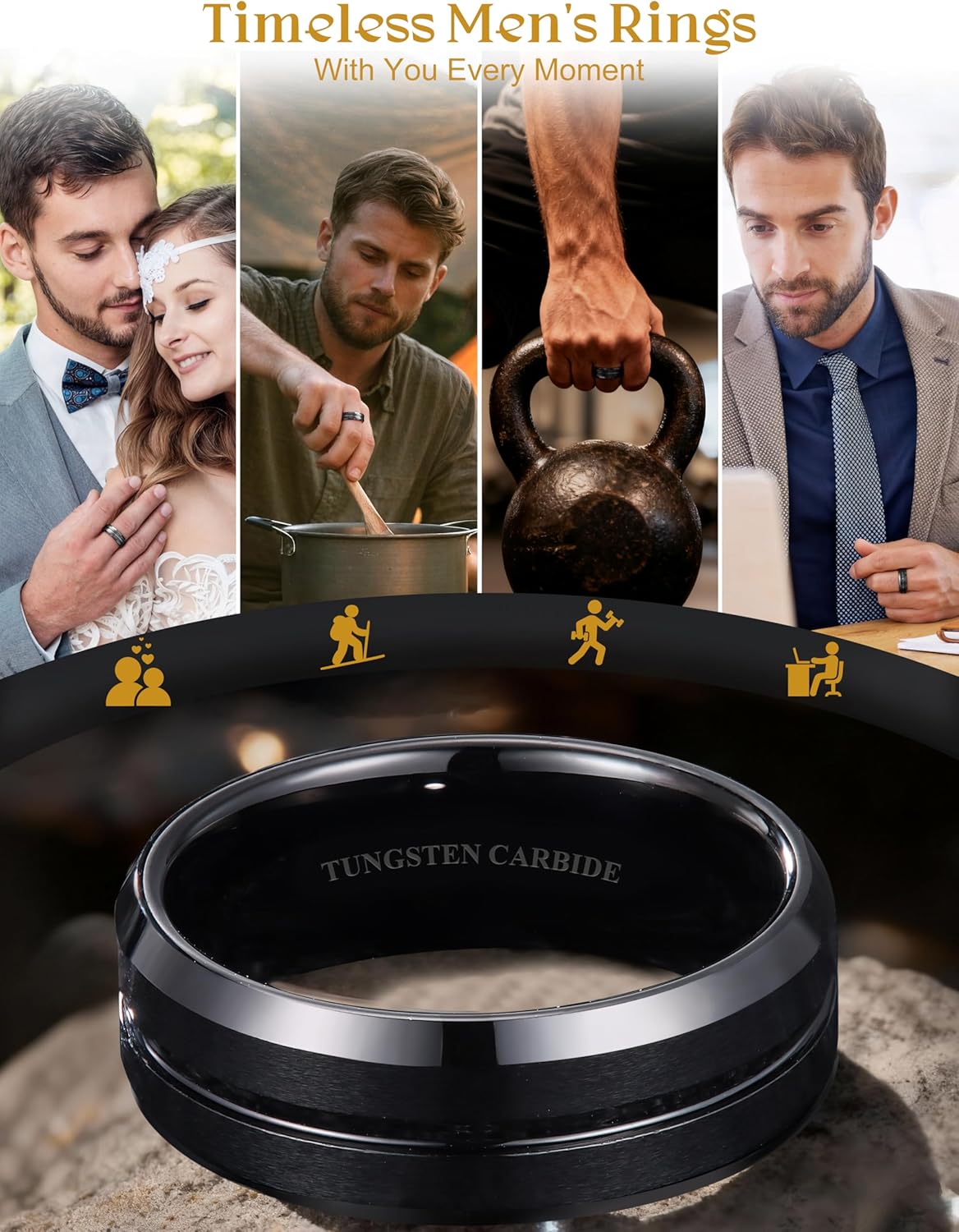 Jstyle Tungsten Wedding Rings for Men Black/Silver/Gold Mens Wedding Band 8MM Mens Engagement Rings Groove Beveled Edges High Polish/Matte Finish Men's Promise Ring Comfort Fit Size 7-14 - Image 6