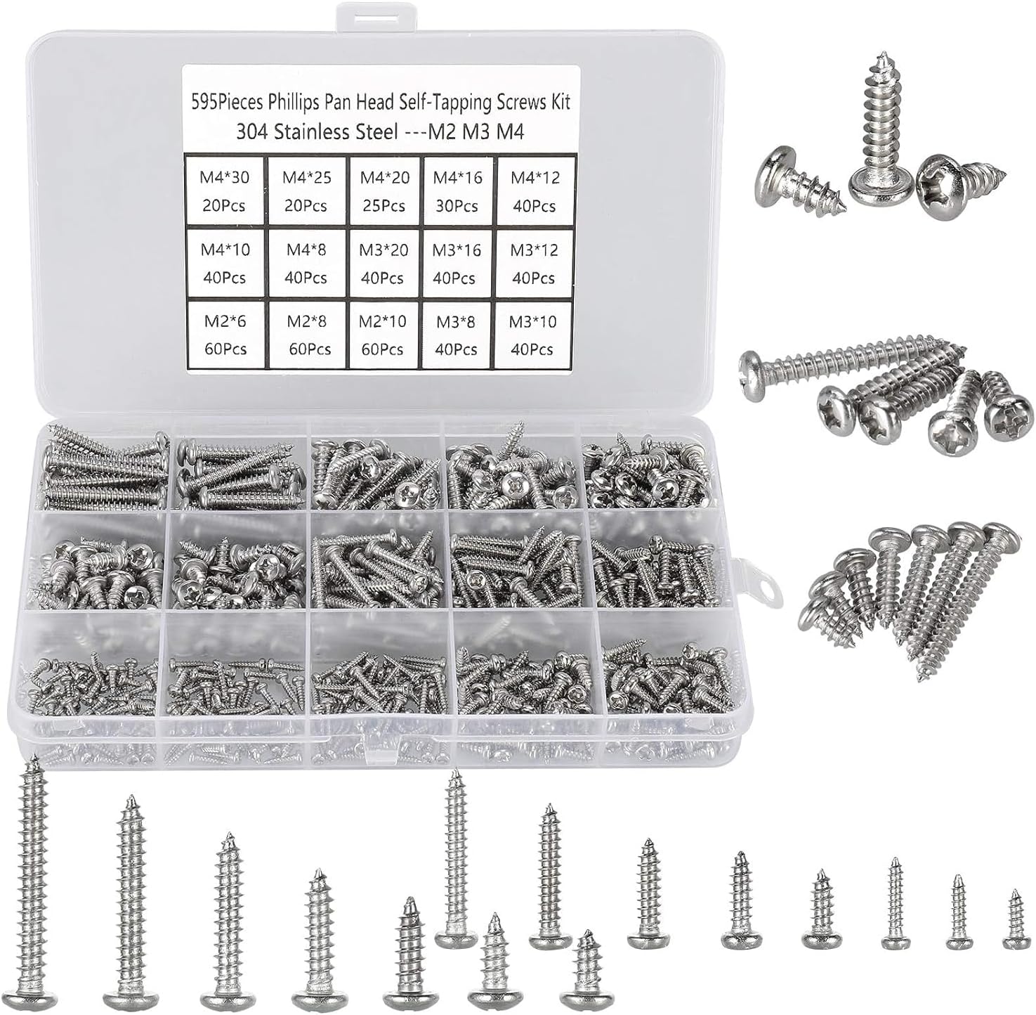 595Pcs Self Tapping Screws 304 Stainless Steel,M2 M3 M4 Small Wood Screws Assortment,Pan Head Self Drilling Screw,Round Head Sheet Metal Screw Phillips Drive for DIY Wood Repairs.
