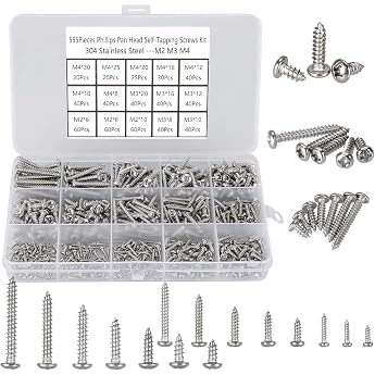 M2 M3 M4 Tapping Screws Set 595 Pieces Small Wood Screws 304 Stainless Steel Round Head Self Tapping Screws Phillips Self Drilling Screws for Plastic Wood Homemade Repair