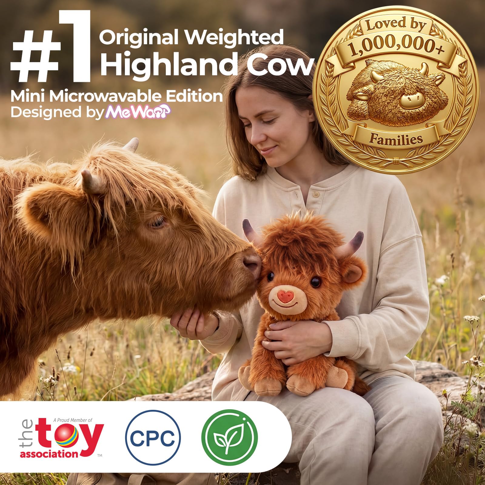 Mewaii Highland Cow Mikrowellen Wärmekissen, 25cm 0.45kg Gewichtskuscheltier mit Mikrowellengeeignetes Heizkissen, Süßes Flauschiges Hochlandrind Kuscheltier Festliches Geschenk für Kinder und Frauen