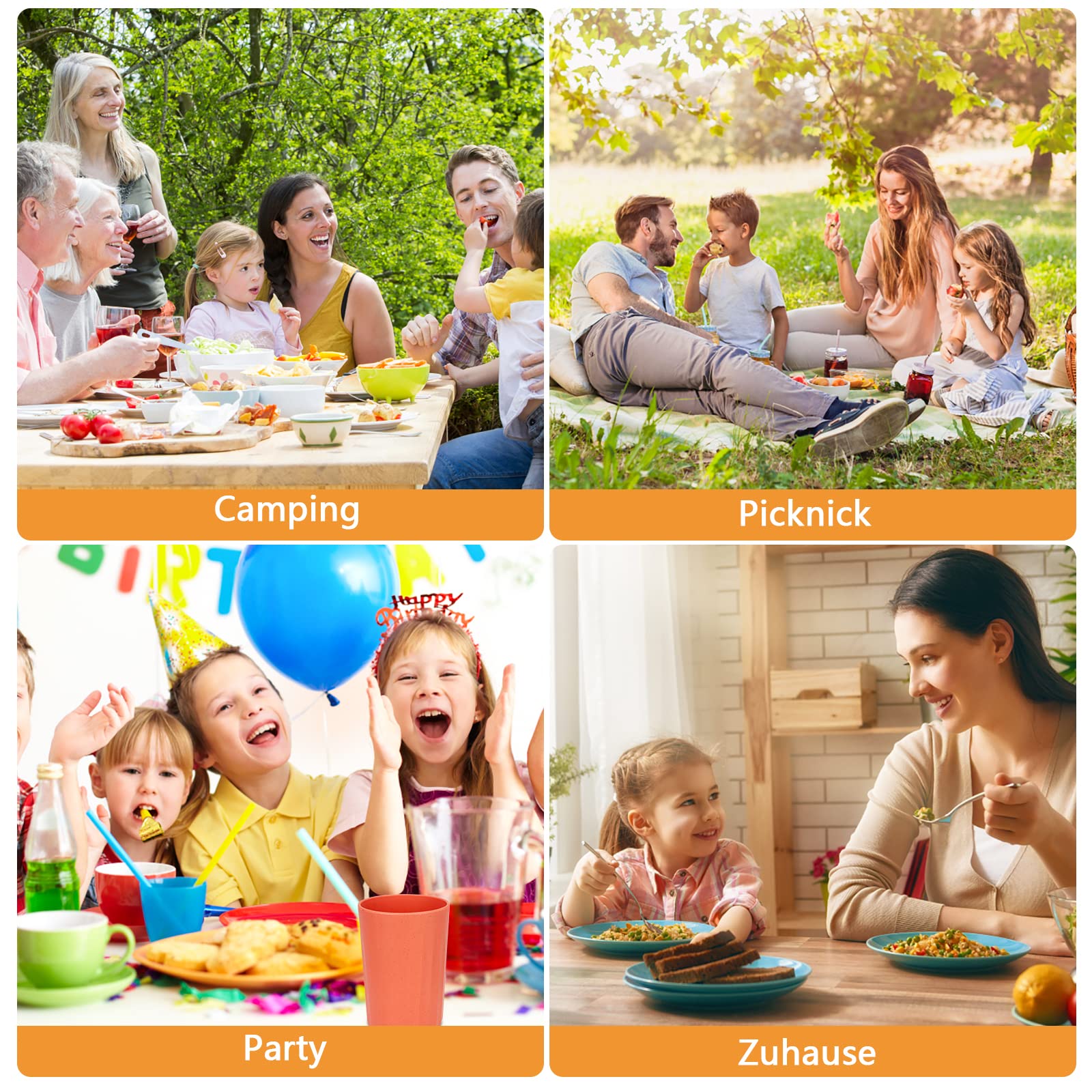 Set de Vaisselle de Camping, 44 Pièces de Vaisselle de Pique-nique,Service de Table de Table Combiné Avec Bol, Assiette, Cuillère, Fourchette, Couteau，Palillos et Gobelet, Pour Pique-nique, Cuisine