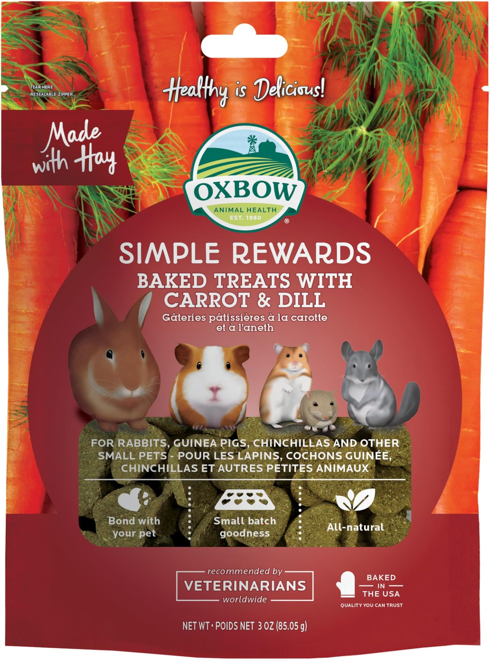 Simple Rewards Baked Carrot & Dill Treats, Rabbit & Guinea Pig Treats Made with Timothy Hay, Healthy Guinea Pig, Hamster & Bunny Snack, Timothy for Rabbit, Made in USA, 3 oz Bag