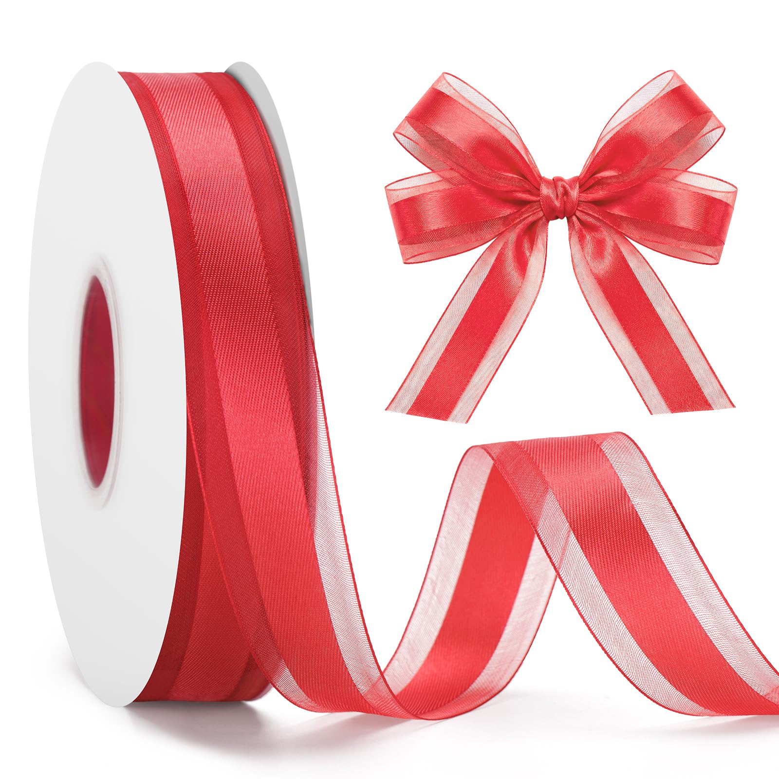 G2PLUS 25mm Red Organza Ribbon: 50 Yards Sheer Tulle Wrapping Ribbon