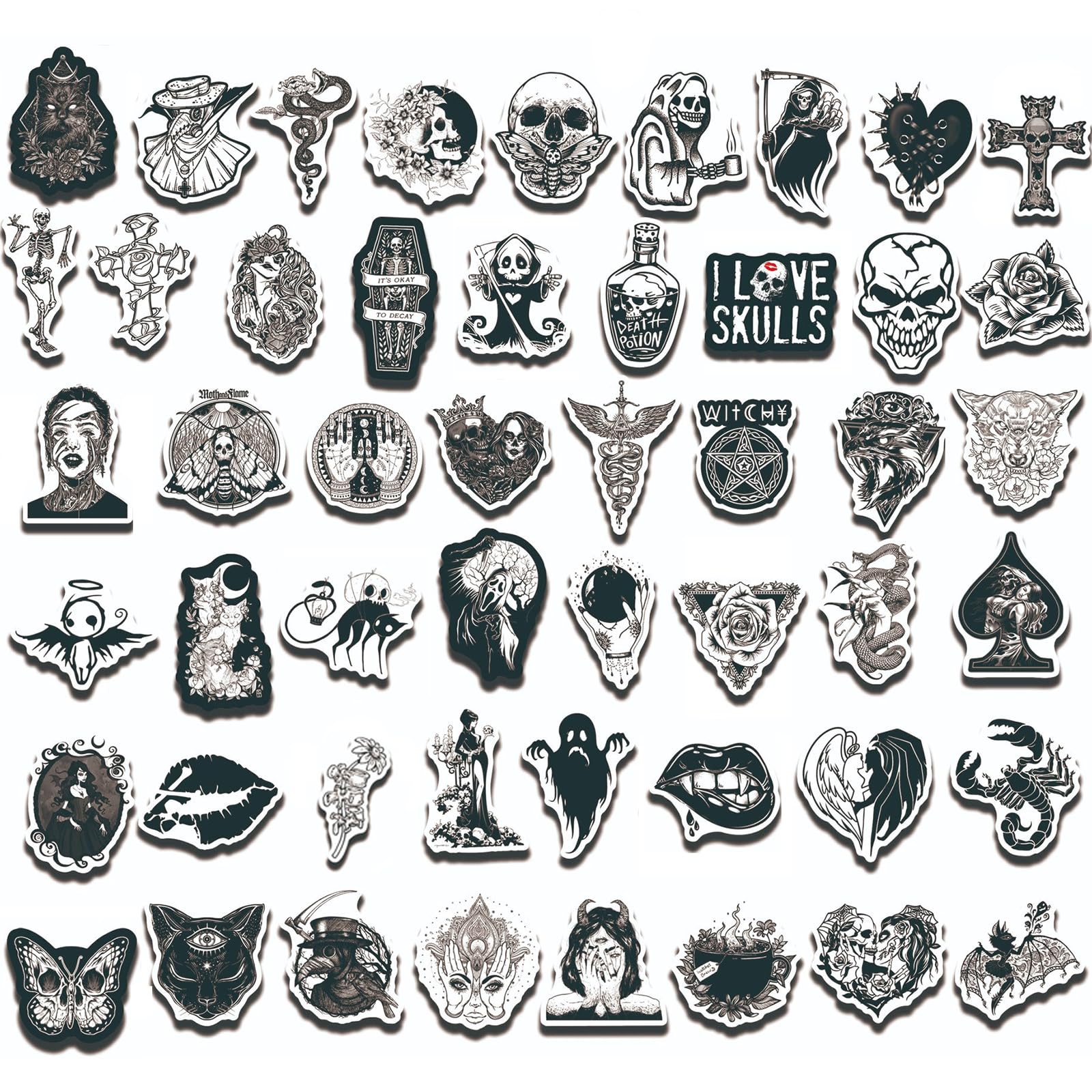Lot De 150 Autocollants Gothiques - Stickers Vinyle Punk Skull - Pour Carnet, Guitare, Skateboard - Noir Et Blanc
