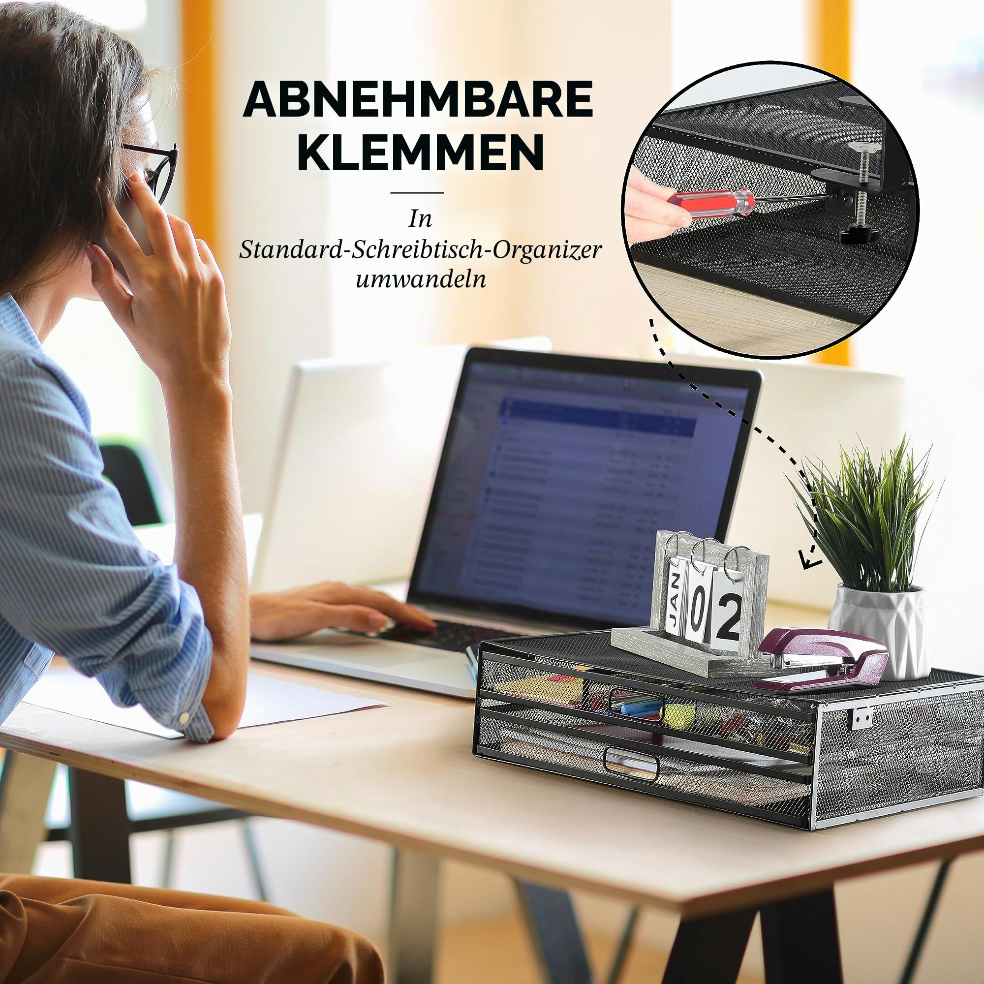 Schubladen-Organizer zum Anklemmen, Netz-Metall-Schreibtisch-Schubladenbefestigung, 2 Schubladen, ausziehbar, auf dem Schreibtisch oder unter dem Schreibtisch, Organizer für Bürobedarf und
