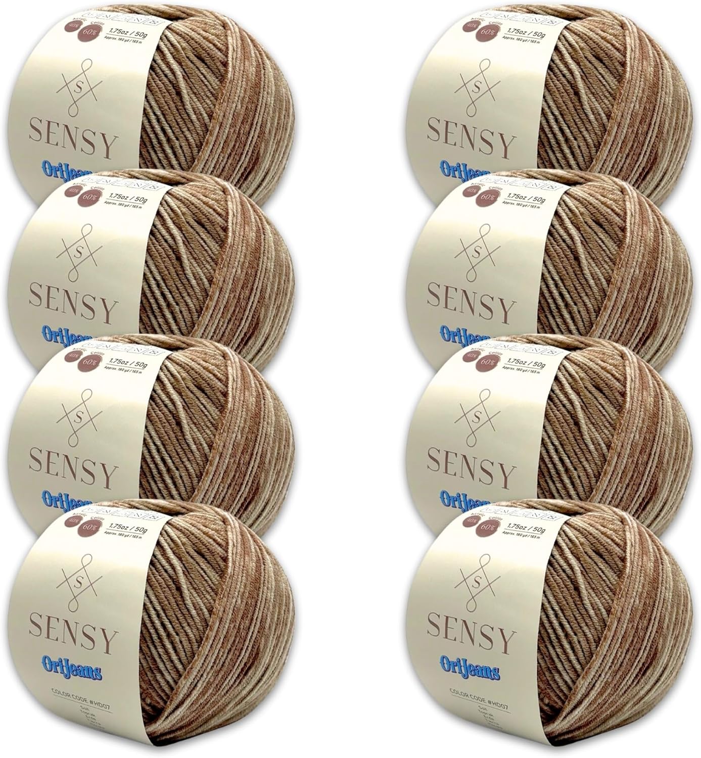 8 Skeins of Sensy OriJeans Yarn, Amigurumi Cotton Yarn, Cotton Yarn Crocheting, 60% Cotton, 40% Acrylic, 1.75 oz, 180 Yards, Gauge 2 Fine (Soil)