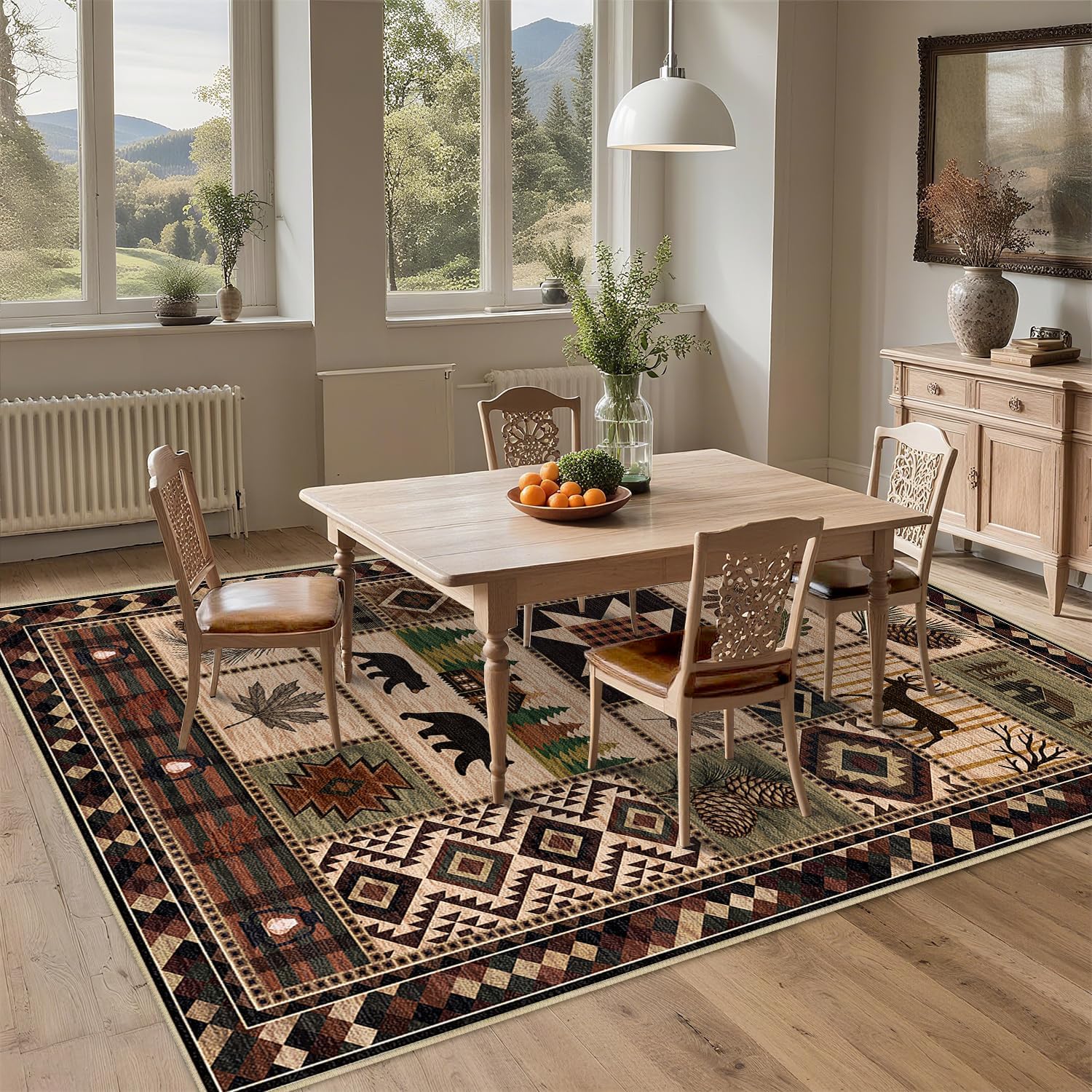 Bear 5x7 Area Rug Rustic Cabin Deer Rugs Machine Washable Non-Slip Low-Pile Southwestern Lodge Floor Carpet Western Woodland Mat for Living Room Bedroom Dining Room Office