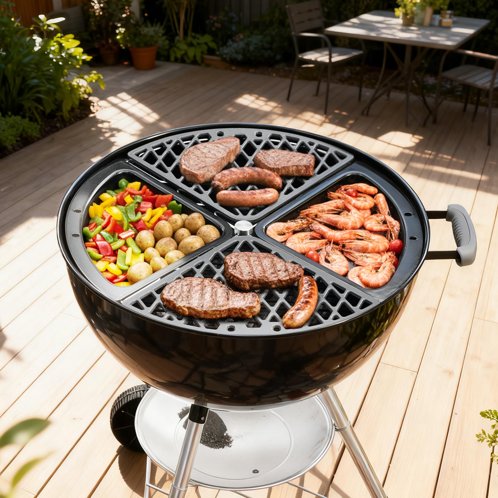 Onlyfire Płyta do grillowania (Plancha) i żeliwny ruszt Zestaw do grilla węglowego Weber 57 cm, Ø 54,7 cm, ruszt kuchenny z podnośnikami rusztu, 4 strefy, akcesoria kempingowe