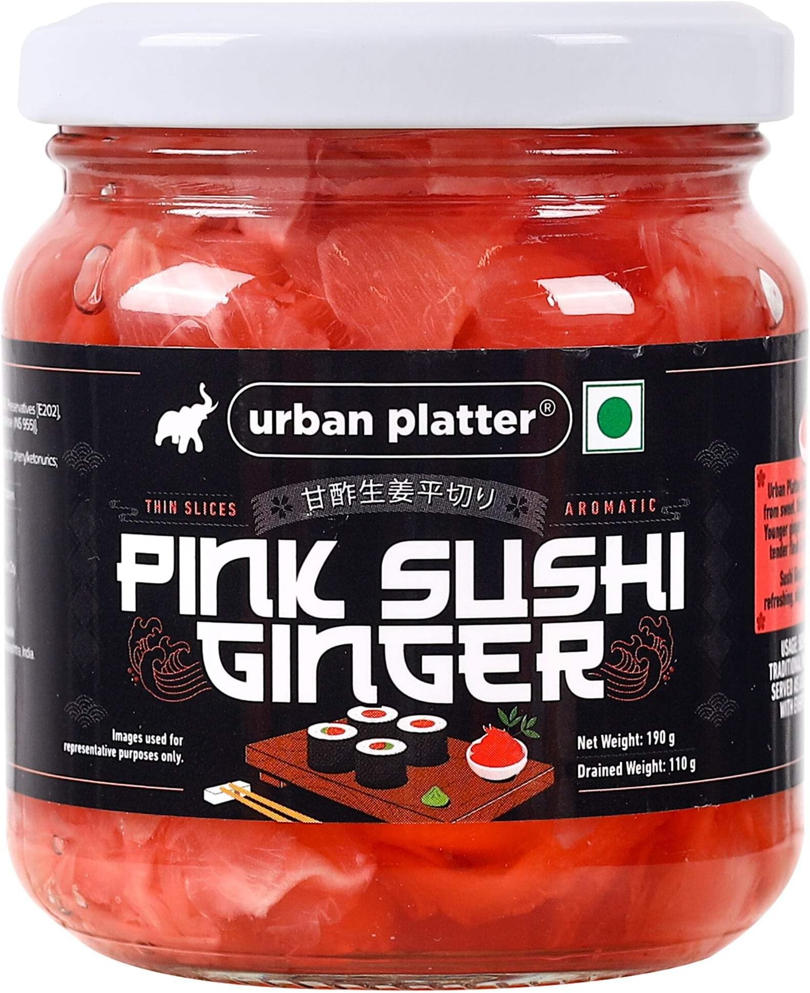 Urban Platter Pink Sushi Ginger, 190g, Drained Weight 110g [Gari, Japanese Style Pickled Ginger, Sushi Ingredient, Thinly Sliced, Perfectly Aromatic]