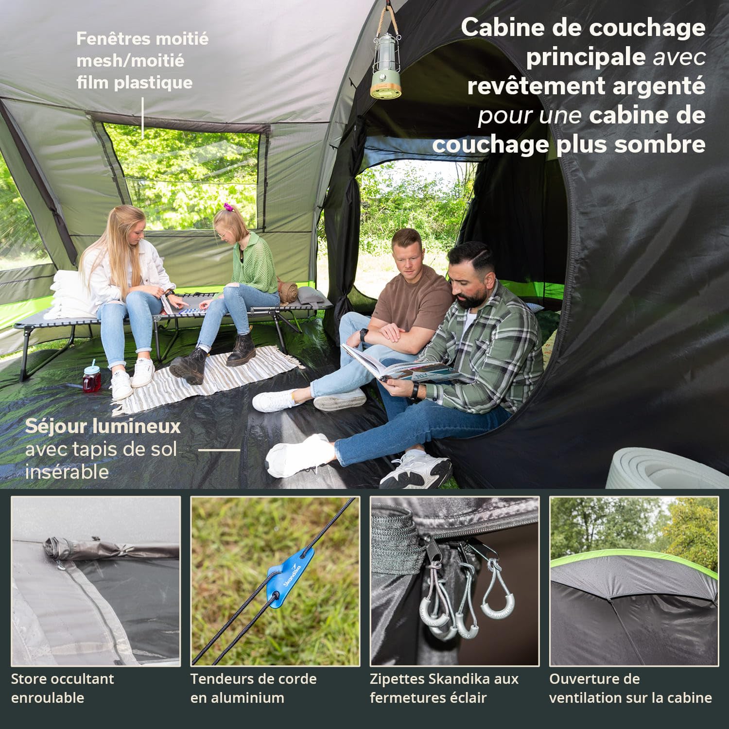 Skandika Kambo Tente Tunnel pour 6 Personnes | Cabine Sombre avec revêtement argenté, Colonne d'eau de 3000 mm, 3 entrées, Marquise, avancée, avec Tapis de Sol | Tente de Camping