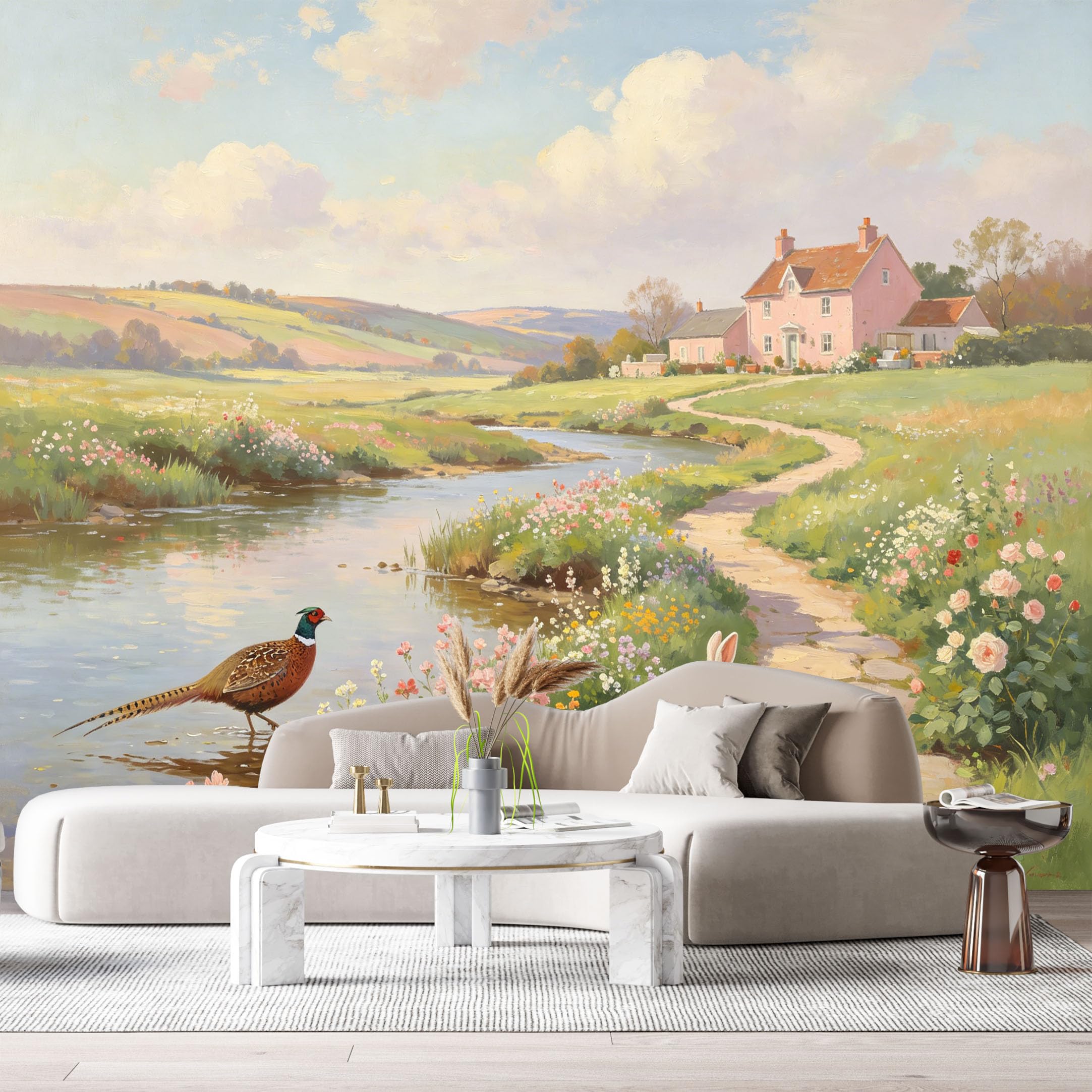 Custom Size Wall Murals Pheasant Rabbit House Farmhouse American Country Oil Painting SelfAdhesive Wall Fabric Removable Large Wallpaper for Photo Living Room