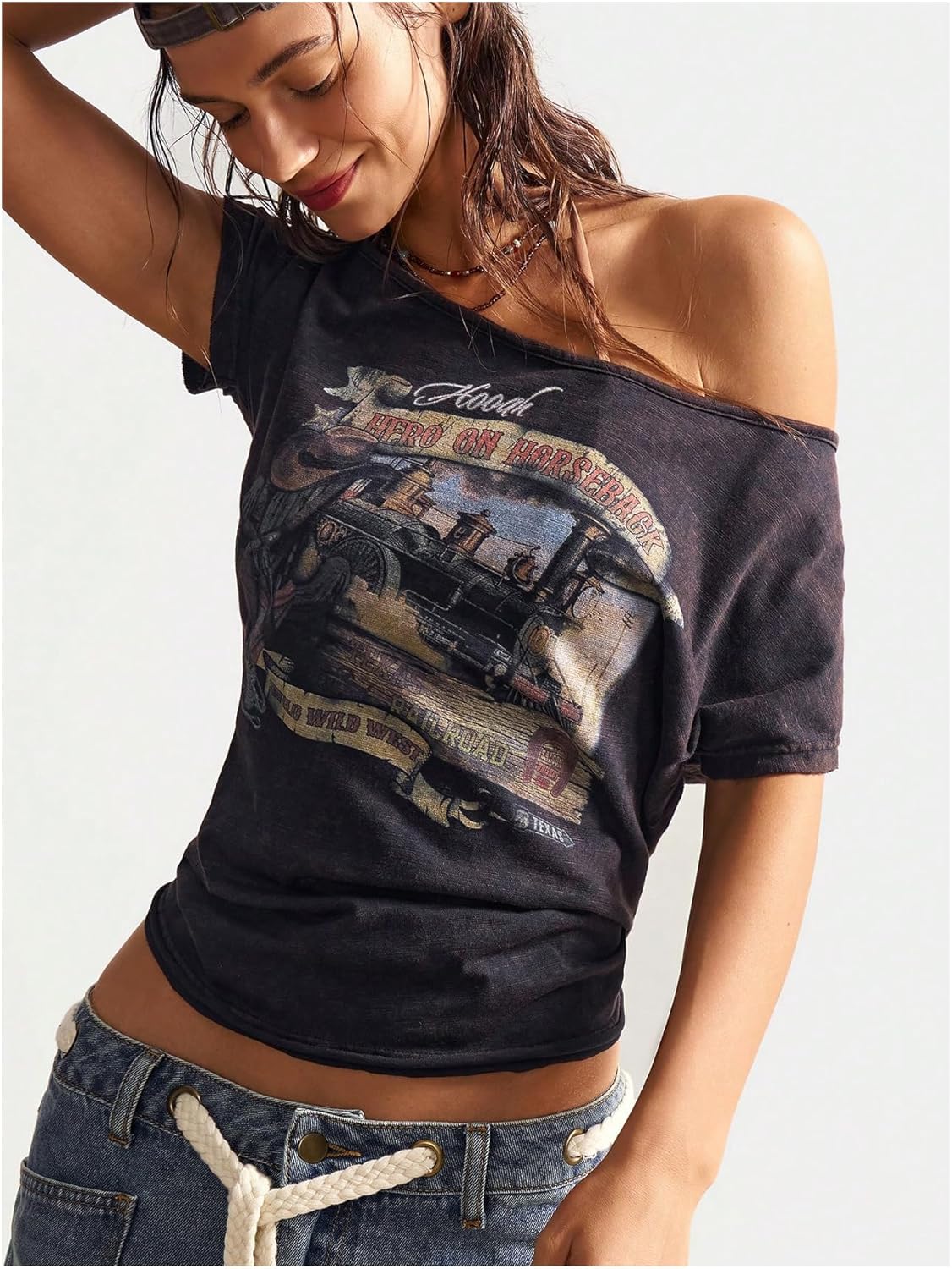 OYOANGLE Women's Off The Shoulder Graphic Tees Vintage Printed Short Sleeve Tshirts Streetwear - Image 2