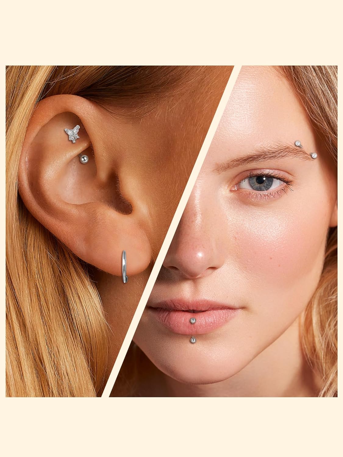 Oveta 9 PCS 16G Rook Eyebrow Piercing Jewelry Surgical Steel, 18G Nose Rings Hoop 6/8/10mm, Rook Earrings Eyebrow Rings Curved Barbell 8mm for Women Tragus Cartilage Daith Piercings, Silver/Gold - Image 3