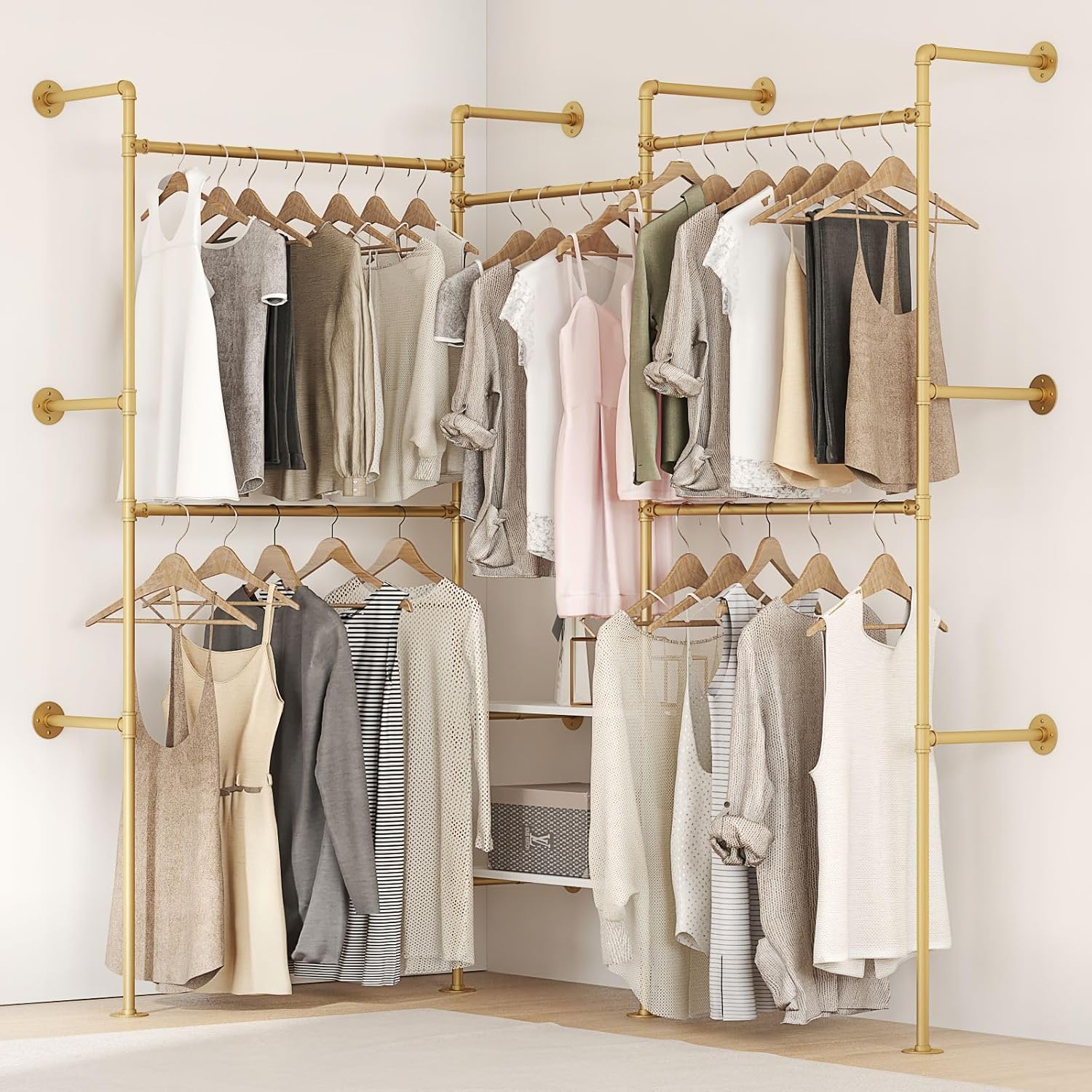 Industrial Pipe Clothes Rack,Wall Mounted Closet Wardrobe Rack, Corner L Shaped Walk-in Closet System, 2 Installation Methods (Gold, 80" H x 86" W)