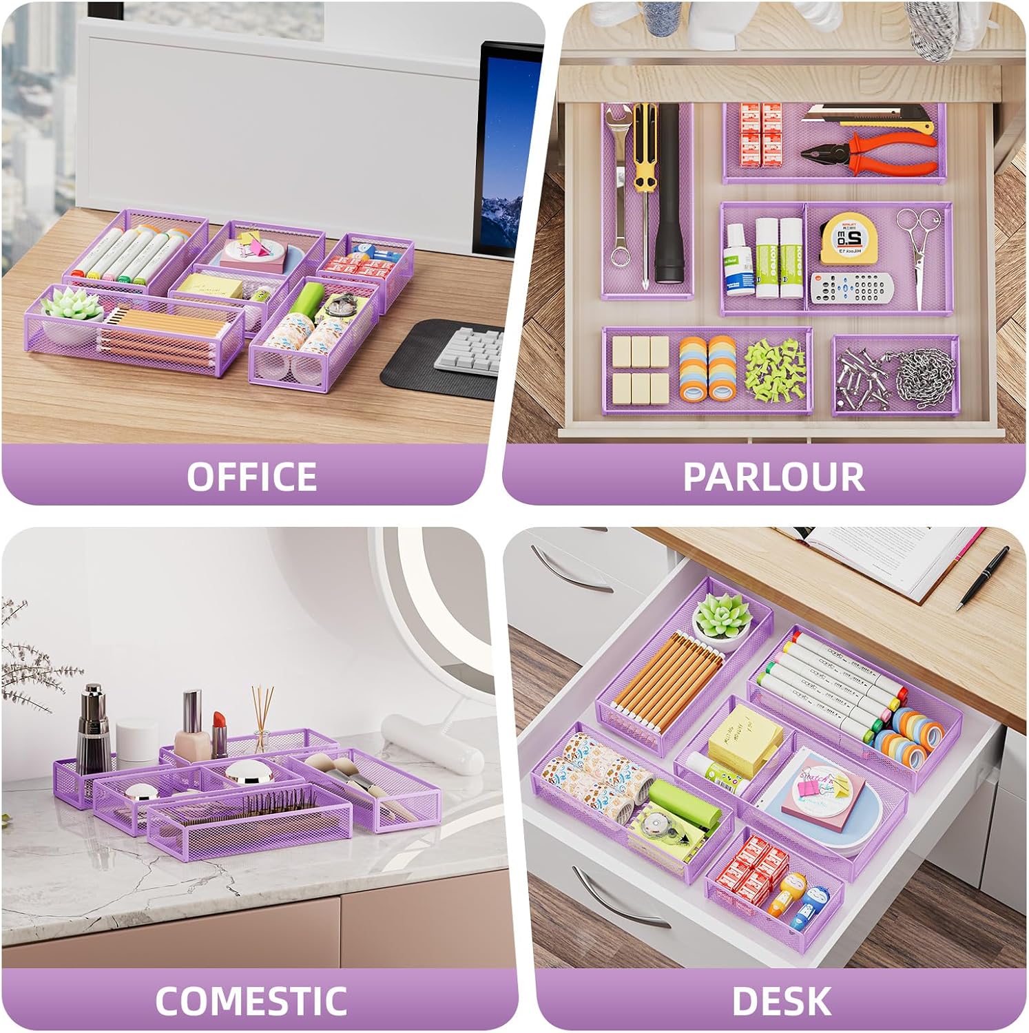  5 Pack Desk Drawer Organizer Set, Mesh Drawer Storage Trays with 1 Adjustable Divider, Desk Organizers and Accessories, 5 PCS Drawer for Office Supplies, Makeup & Vanity (Purple) thumbnail