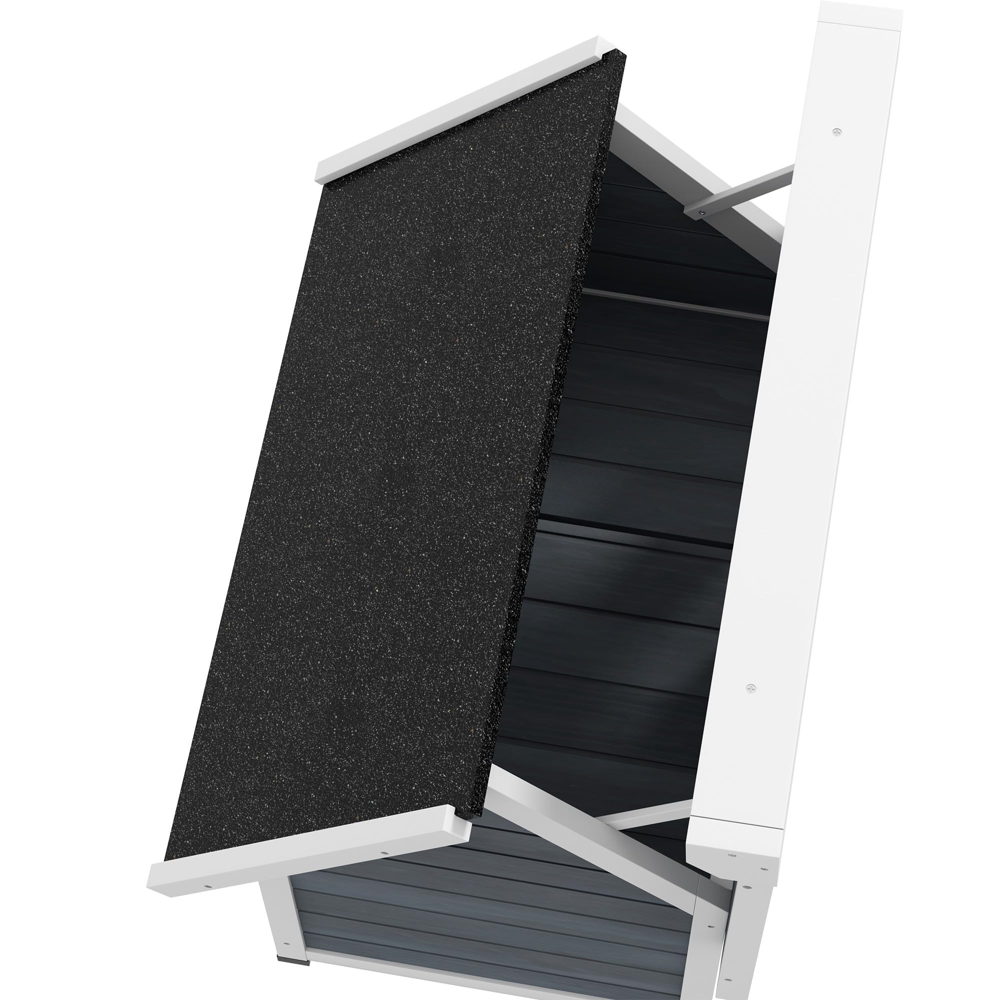 PawHut Maison pour Chat en Bois, Niche pour Chat, fenêtre en plexiglas, Porte à lamelles, Toit bitumé ouvrable et 3 Portes, Pieds en Plastique, 77 x 57,5 x 68 cm, Gris